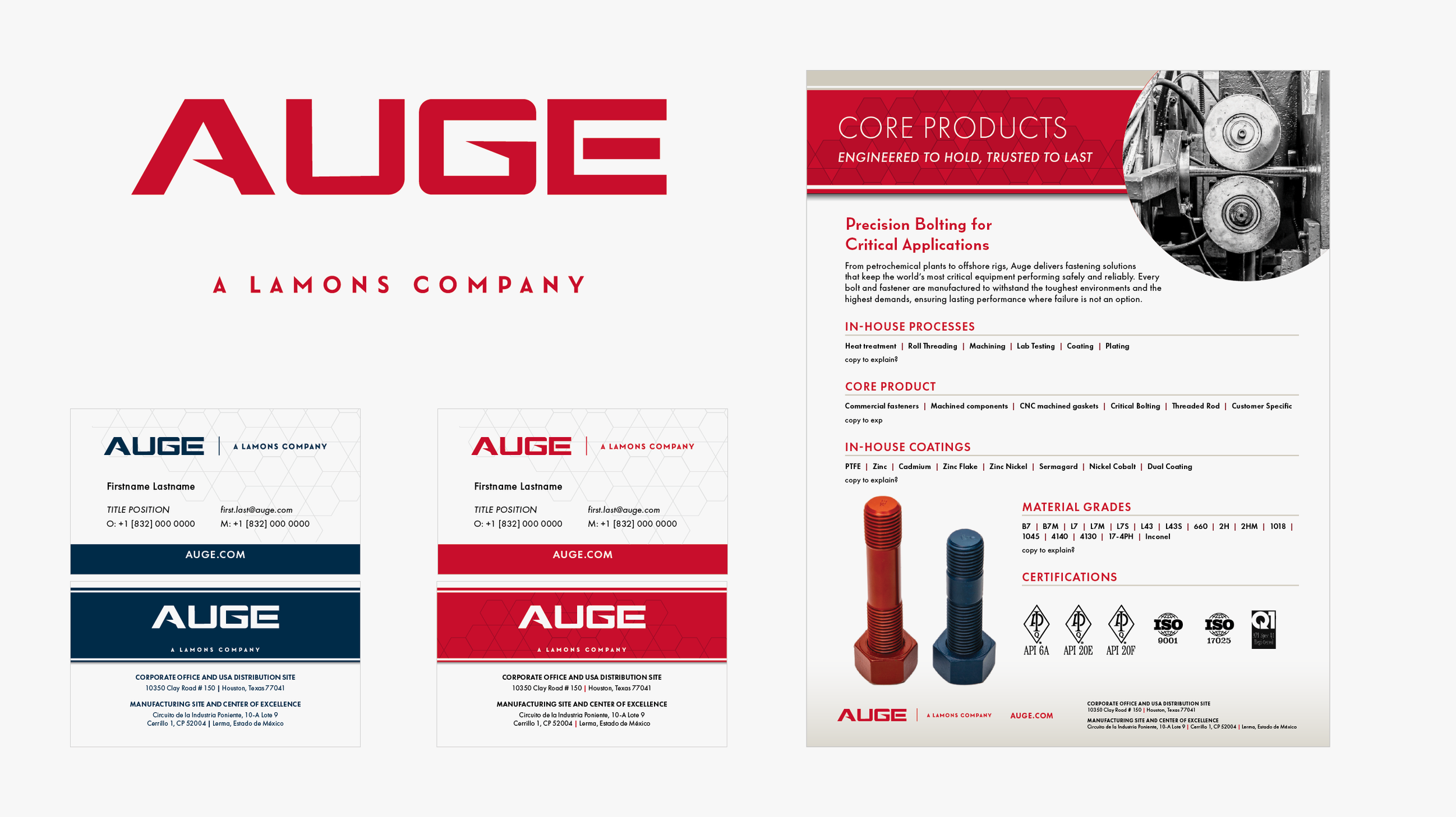 Auge's brand update. A newly acquired company needed a brand update. With the update came a need for an updated paper system. Two options of business card templates we set up as well as updating their existing collateral. 