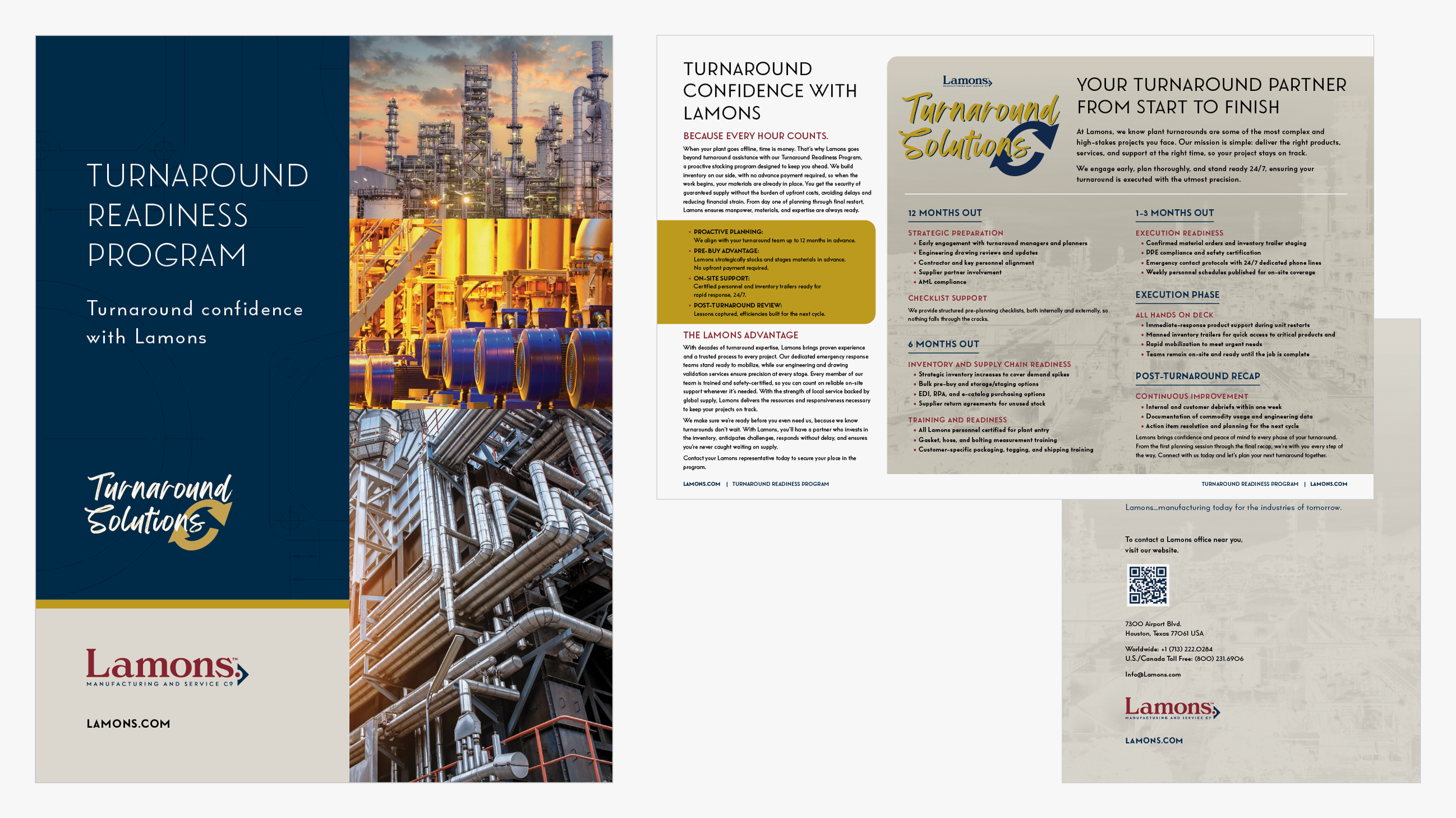 Lamons Turnaround Readiness trifold brochure. Promoting a high level service to our larger customers, a trifold brochure was needed to explain the program and show its value to ease their upcoming turnaround season. 