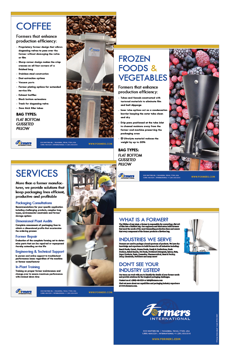 Double-sided one pager sales sheets highlighting the different industries Formers International manufactures bag formers for.