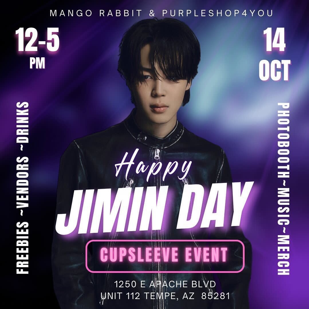 Armyyyyyy..... Mark your calendar on 10/14 !!! We are so excited to announce that we are will be collaborating with @purpleshop4you to celebrate JIMIN&rsquo;S Birthday 🎉🎉💜 !!! 
 

🎁 FREEBIES 
🛍️VENDORS ( Nationwide vendors coming from Mexico, Ch