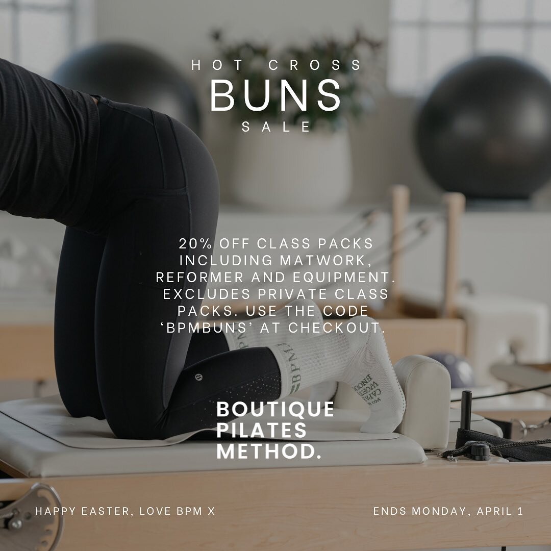 HAPPY HOT CROSS BUNS SEASON HONEYS 🍯🐰 Here&rsquo;s a little gift from us to you. Go and eat all the eggs and treats you like because YOU are the ones with the hot buns, Huns. Use the code BPMBUNS at checkout for Equipment, Matwork and Reformer clas