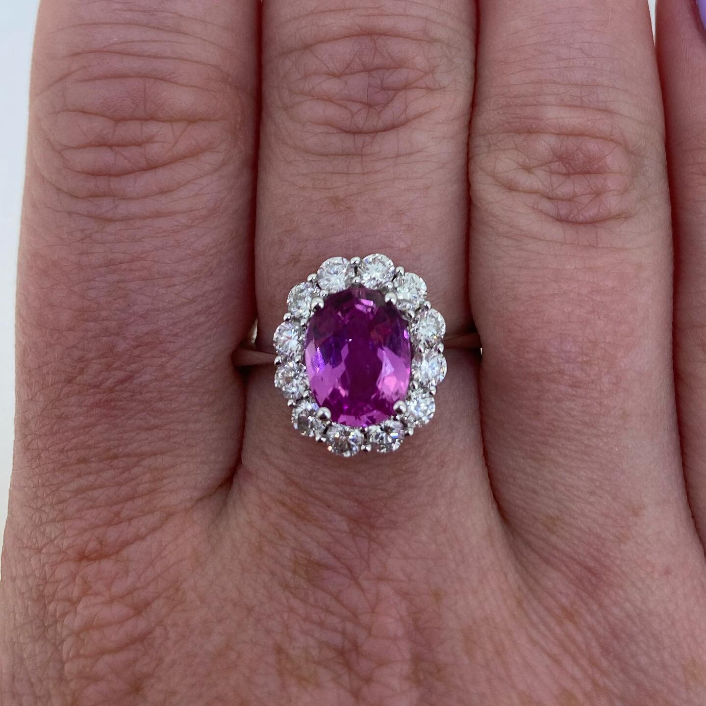 Pink Sapphire 💕
 
18ct white gold with pink sapphire 2.10ct and diamond 0.82ct. Such a beautiful shade of pink I&rsquo;m tempted with this one myself 😍