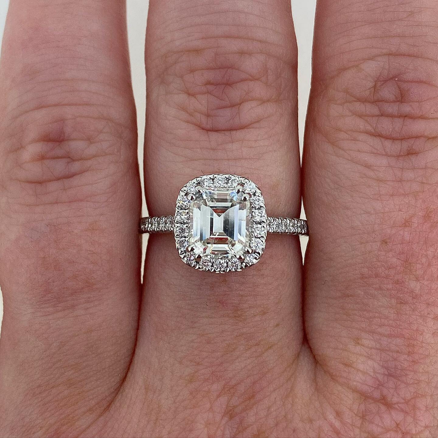 Preowned diamond halo ring with 1.35ct emerald cut centre stone set in platinum 💍 
&pound;4,500