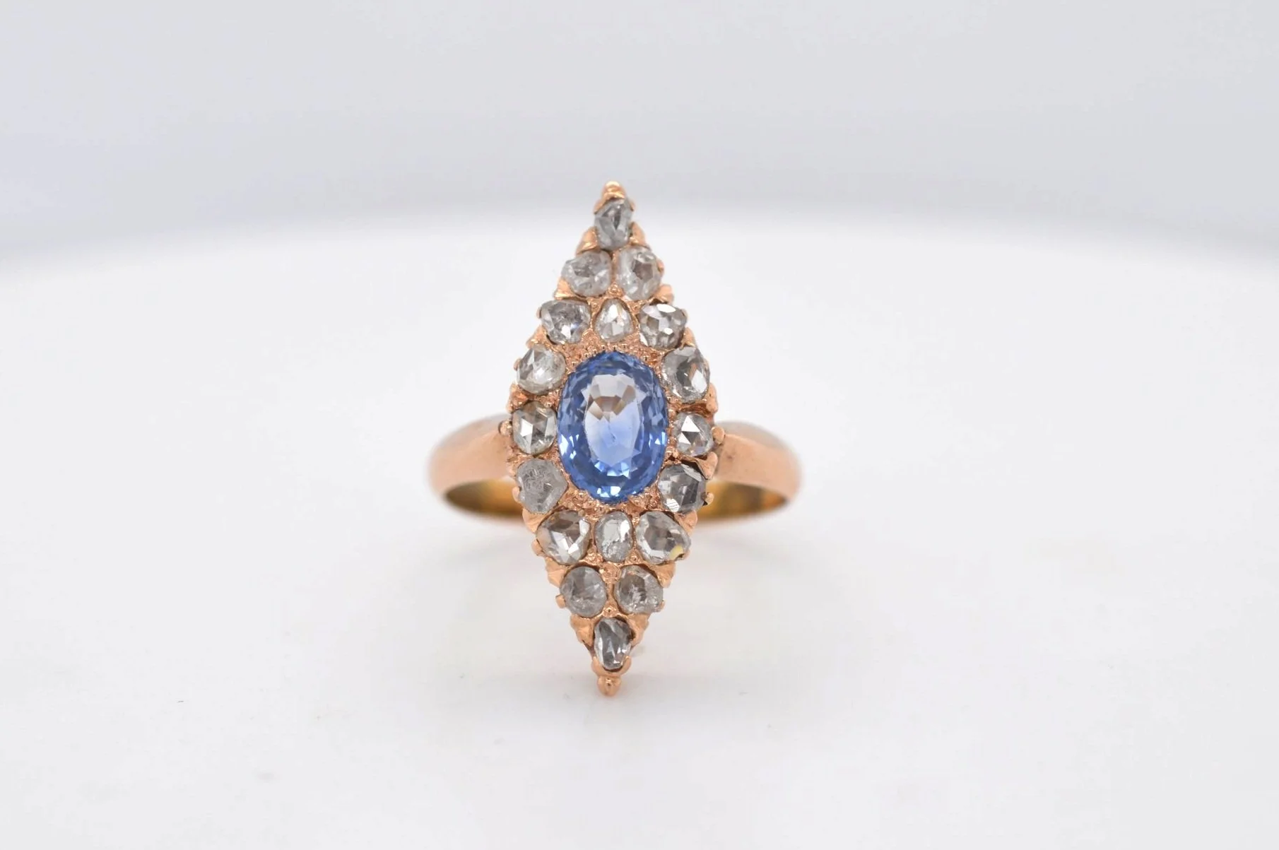 Vintage 15ct Rose Gold with Ceylon Sapphire & Rose Cut Diamonds Price Band F (£1,250 - £1,500) DB22