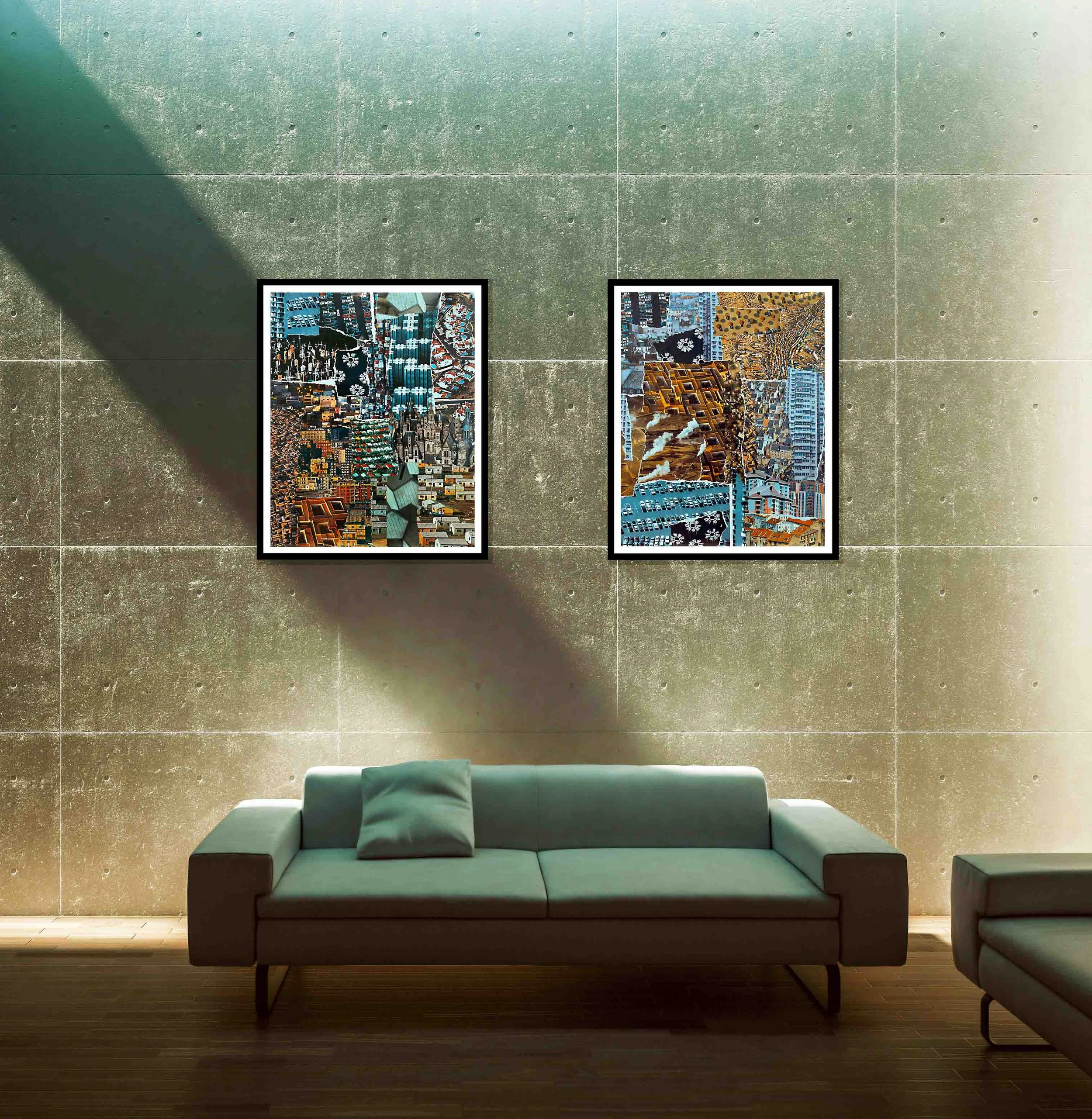 Dyptique contemporain "Urban Aesthetics’s Repetitions" encadré, recomposition graphique d’éléments visuels urbains.