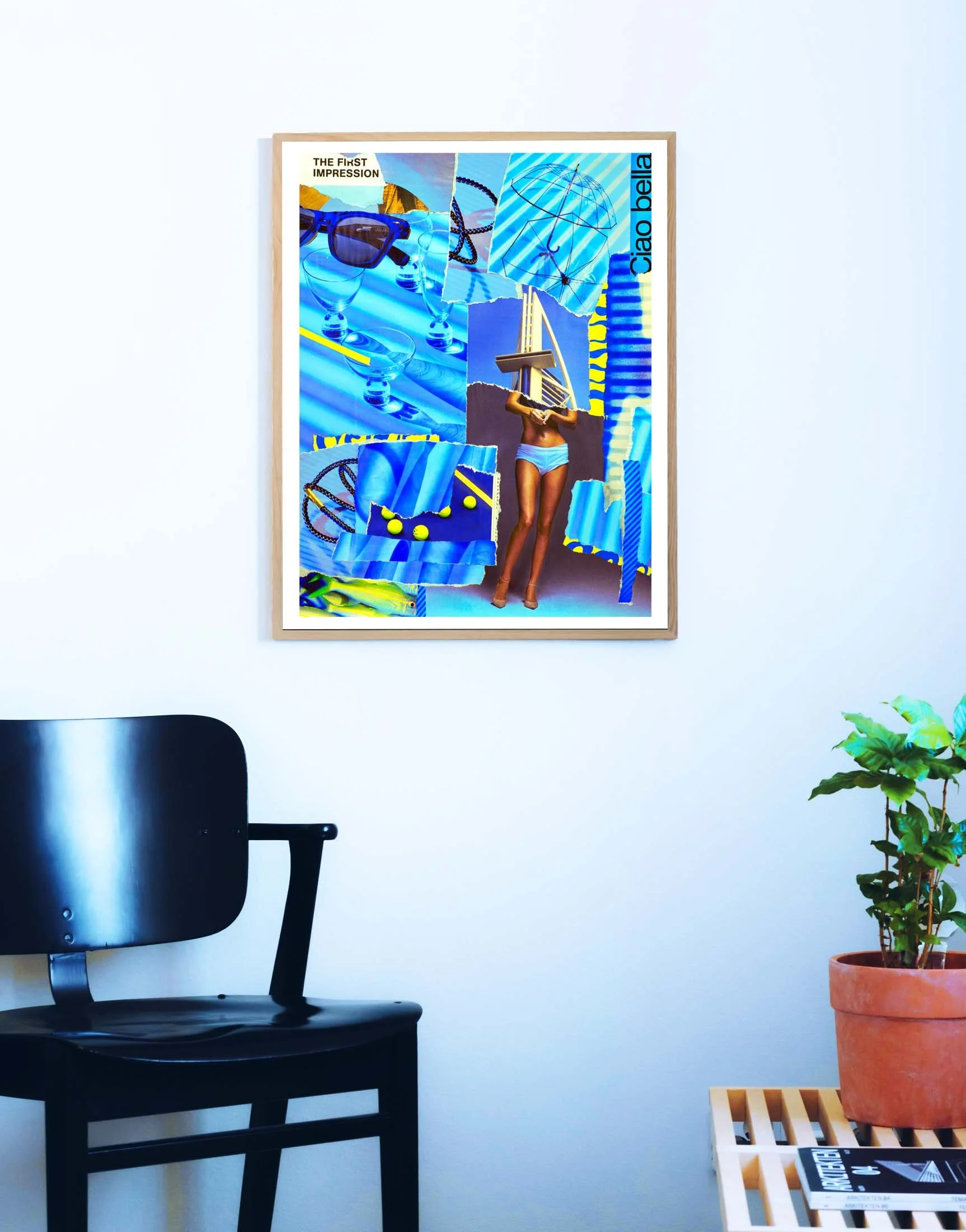 Collage abstrait "Linear Raduis" encadré, au rendu graphique et acidulé.