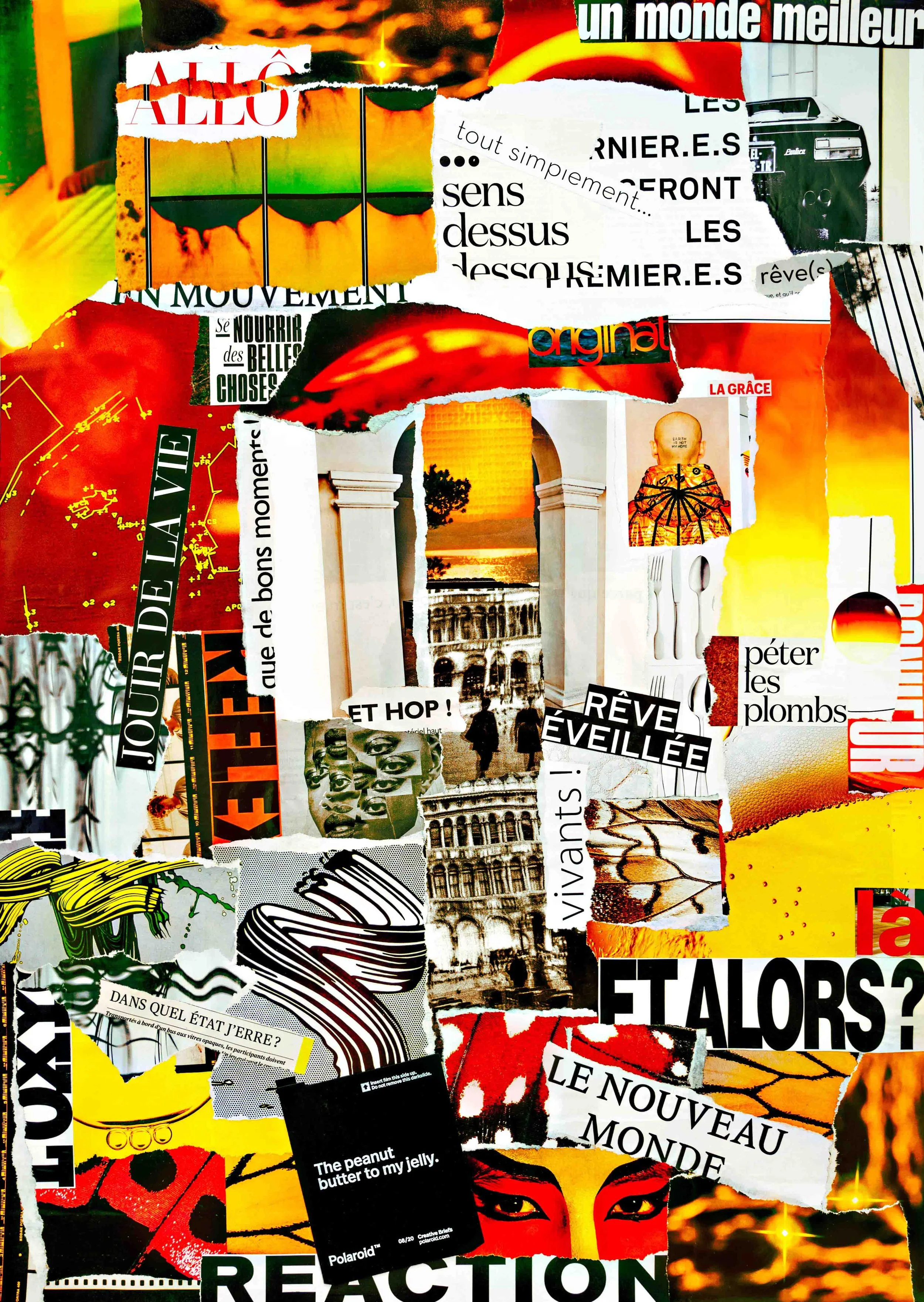 Collage contemporain "Sens Dessus Dessous", composition déstructurée aux tons chauds.