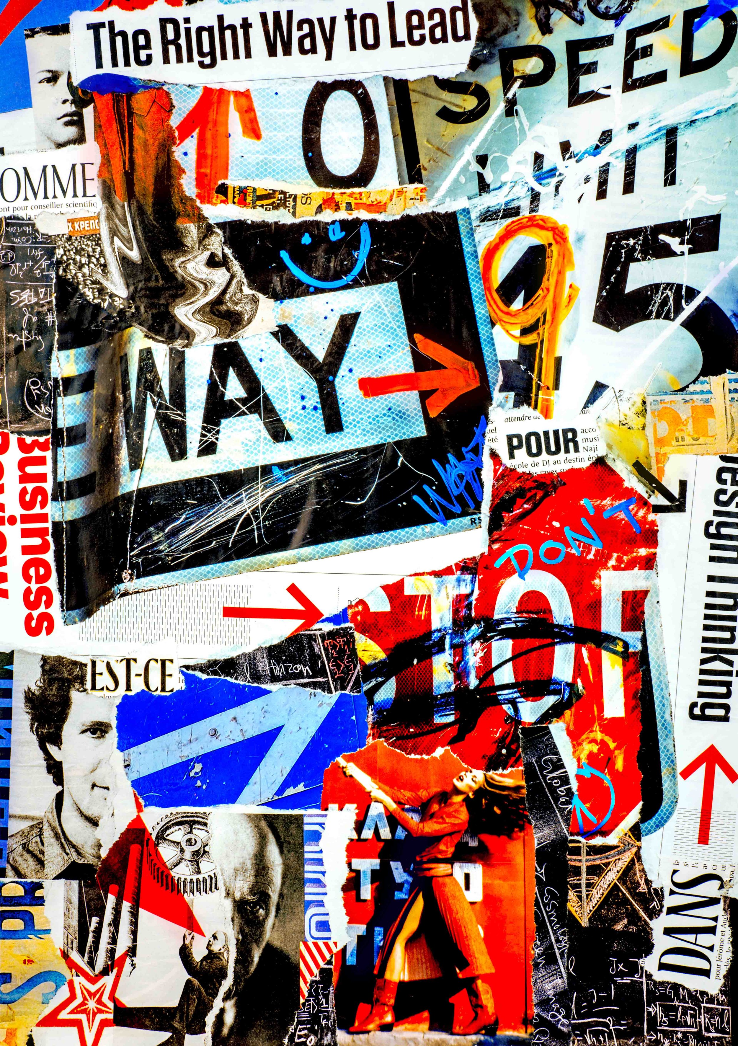 Collage contemporain "Design Thinking", composition graphique à la signalétique déstructurée.