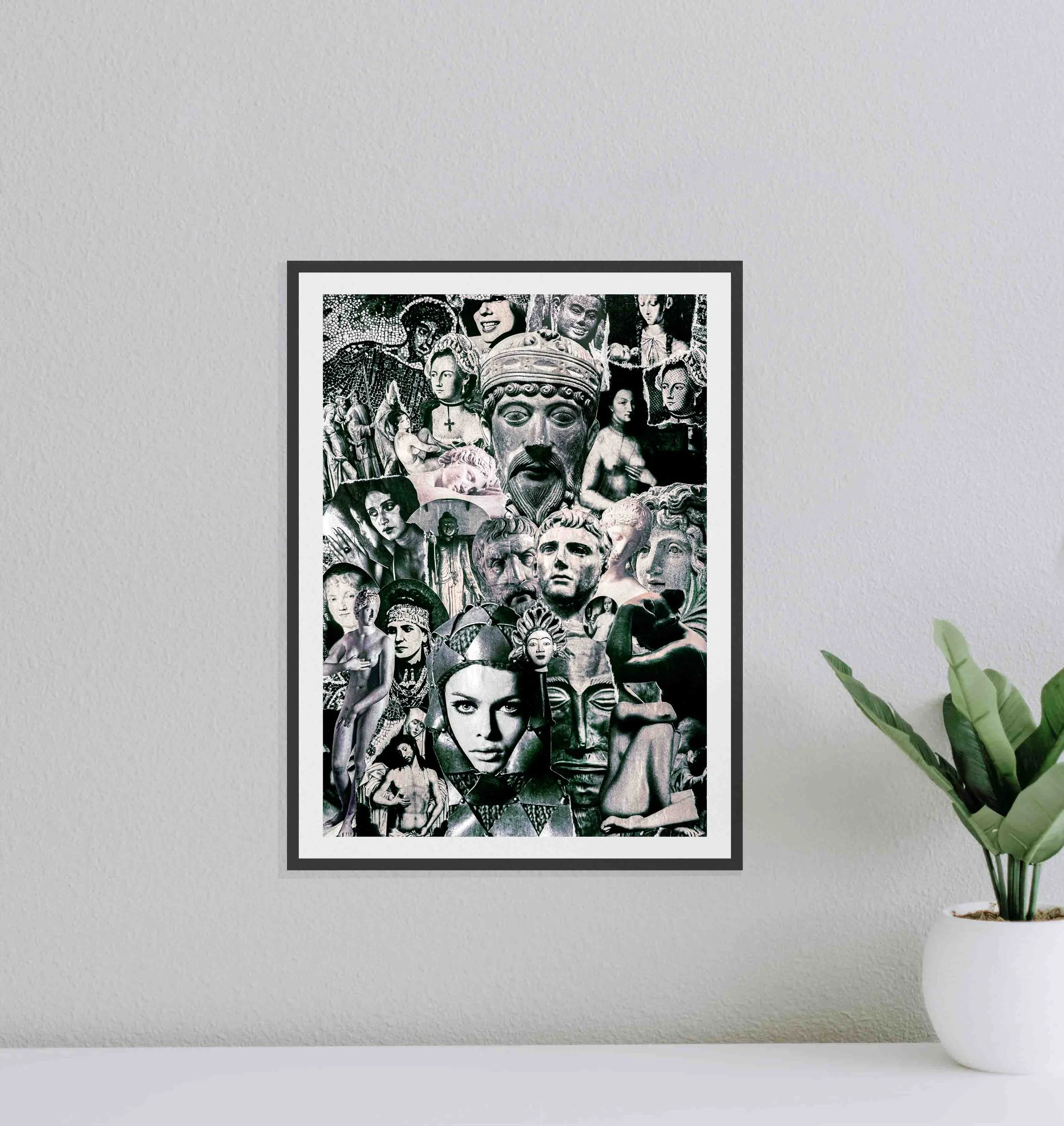 Collage noir et blanc d’une accumulation de têtes iconiques et historiques, encadré.Collage noir et blanc d’une accumulation de têtes iconiques et historiques, encadré.