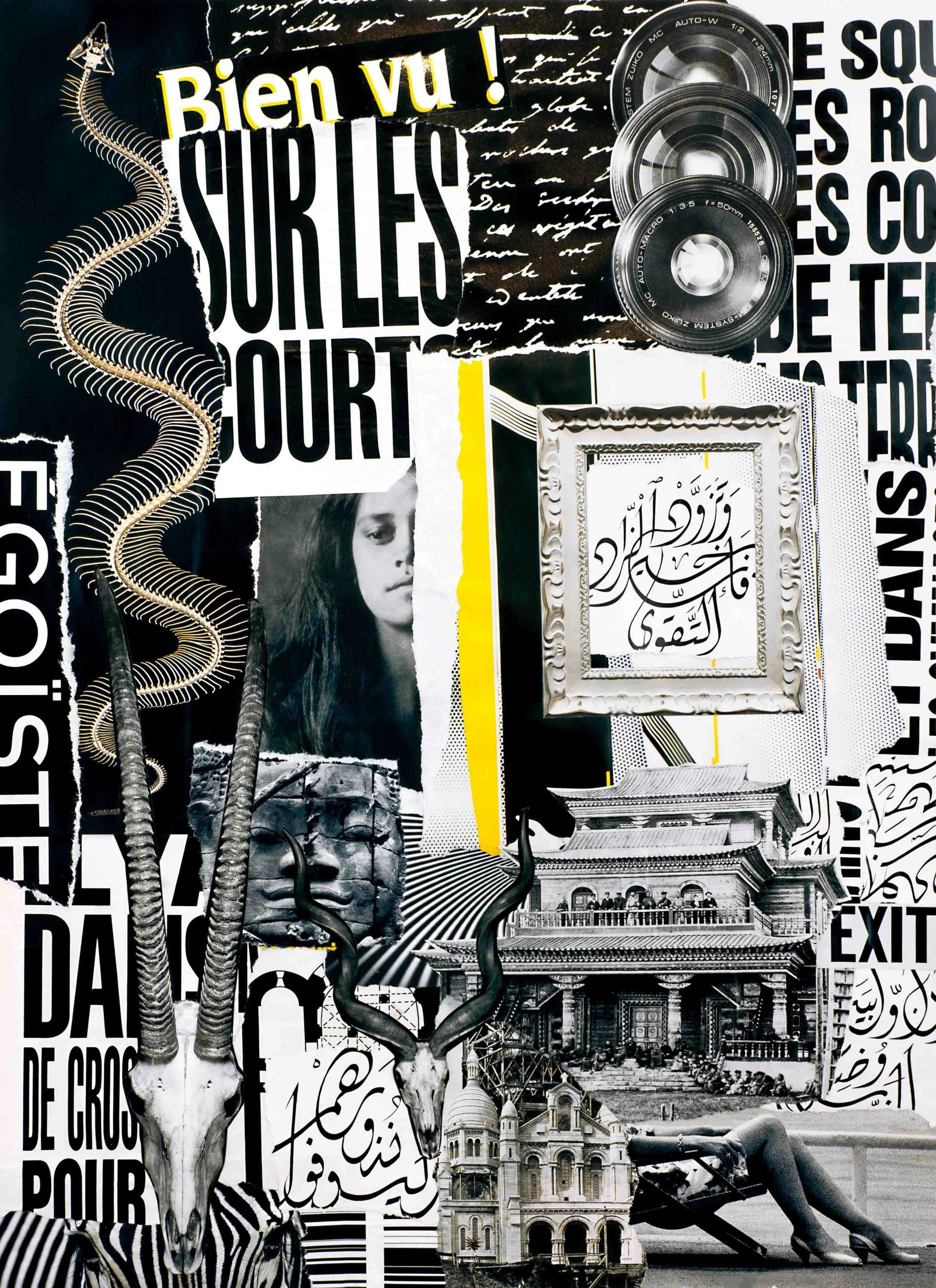 Collage contemporain "Inframonde Imprimé", composition intemporelle en noir et blanc.