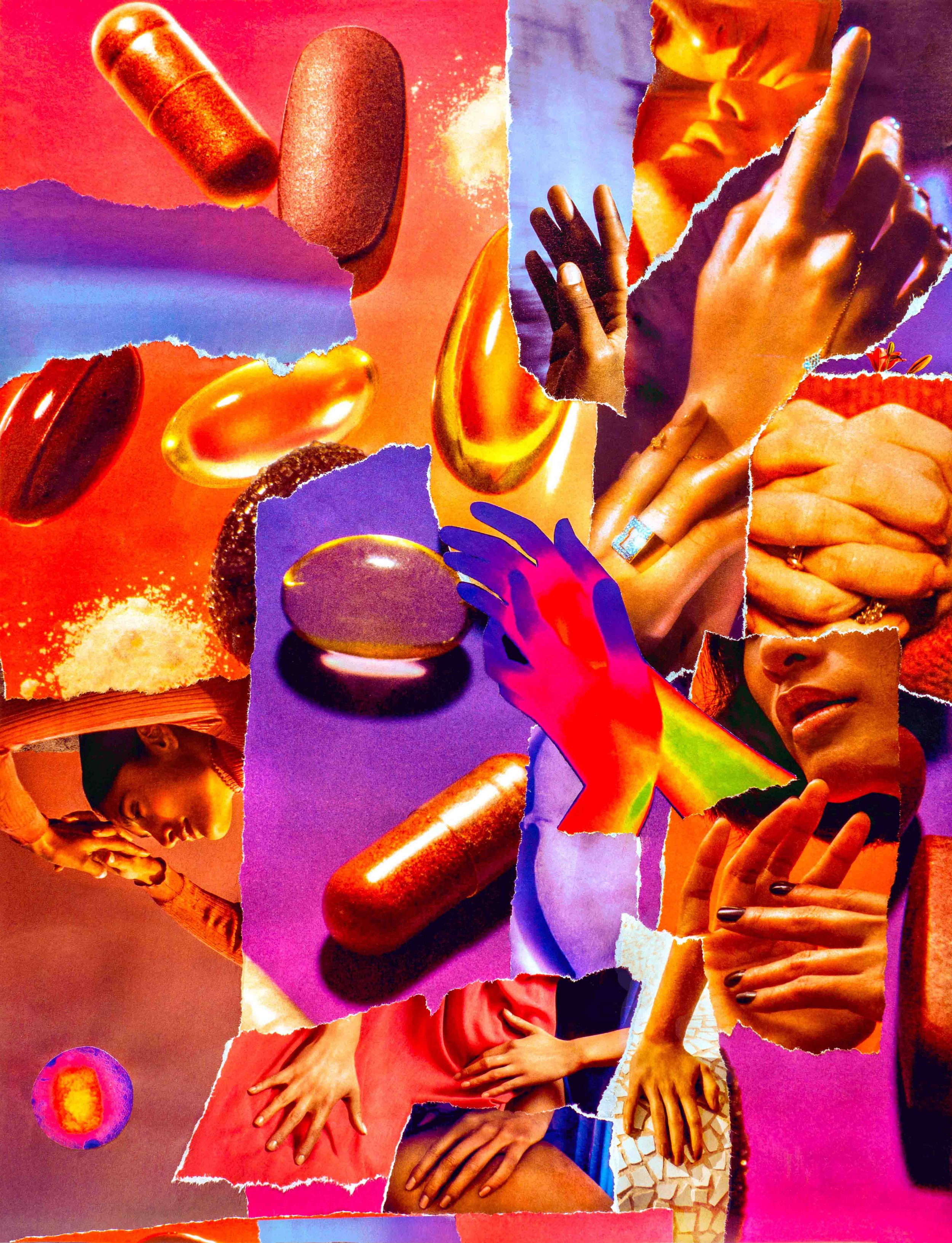 Collage contemporain "Feelings Pill", composition acidulée et sentimentale.