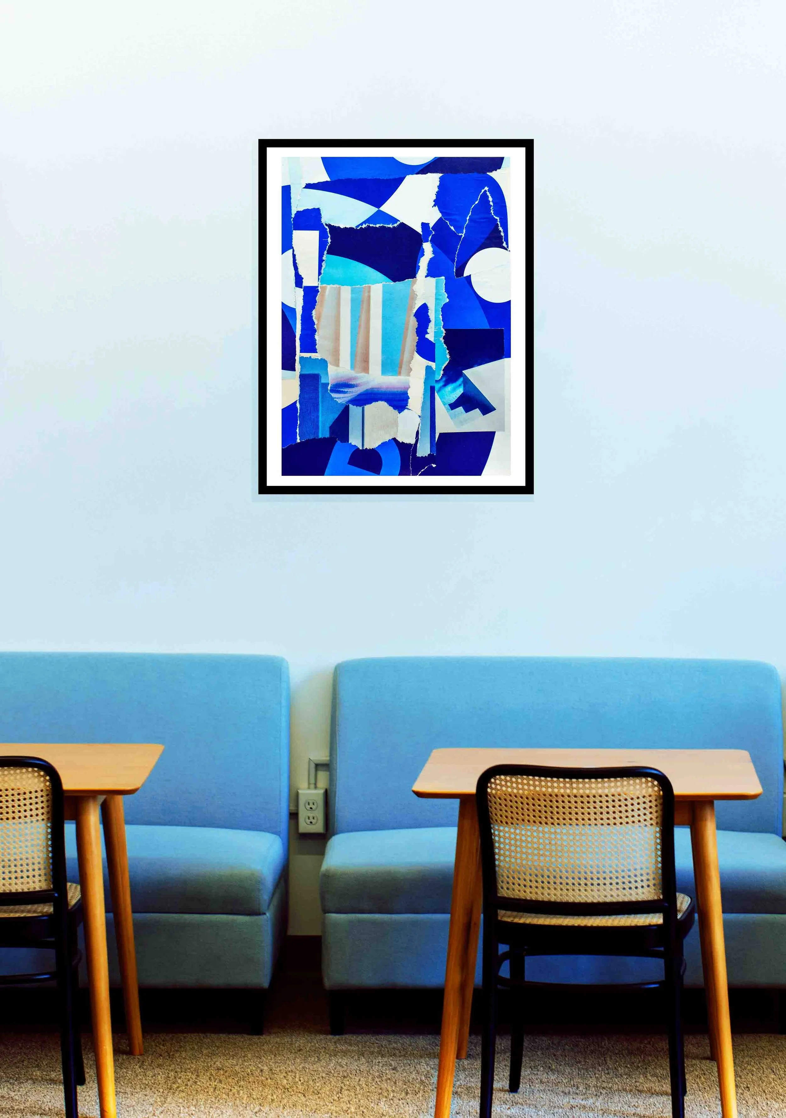 Collage abstrait "Obsessive Expression of Blue" encadré, explorant la couleur bleue.