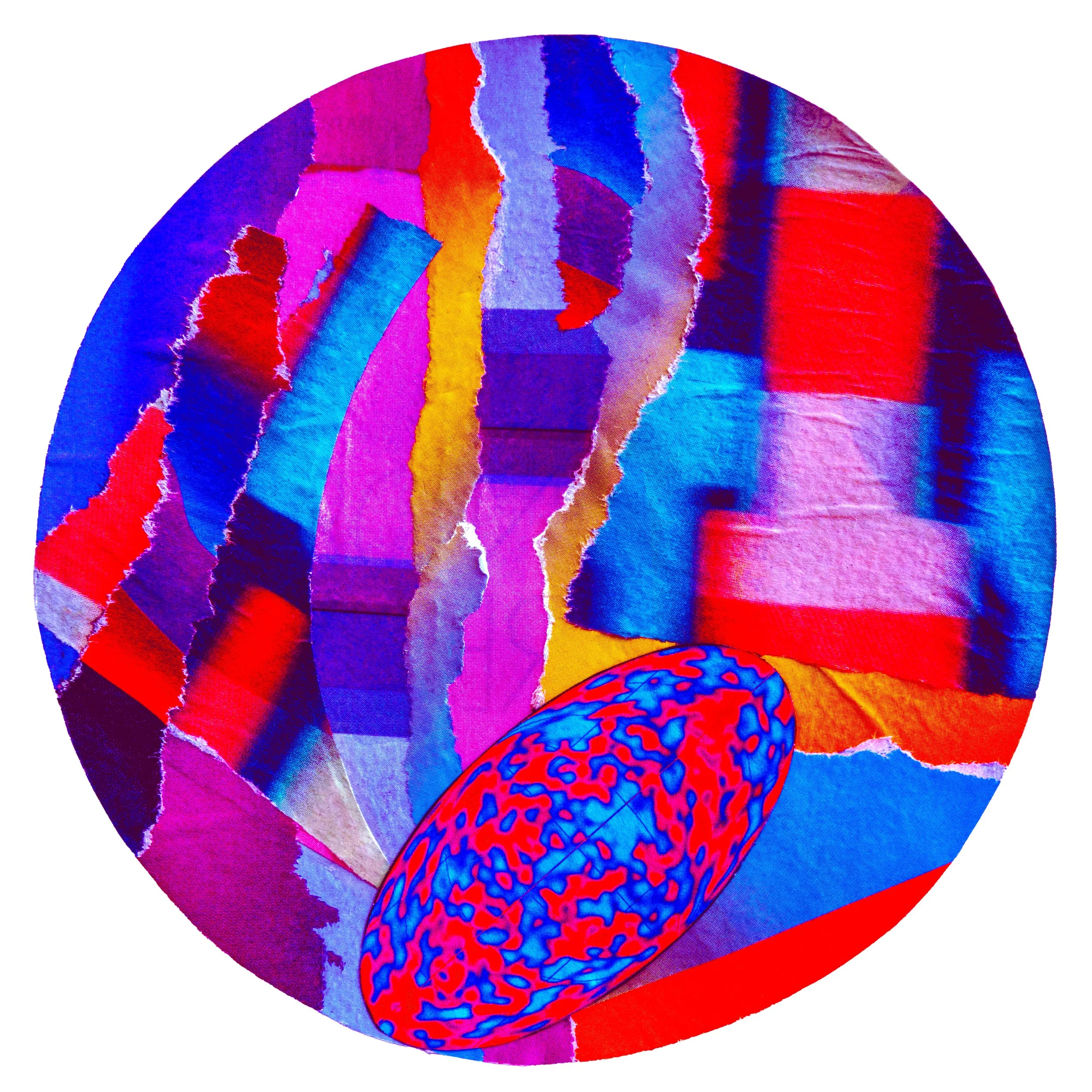Illustration circulaire abstraite aux couleurs dominantes rose, bleu et rouge, motif imprimé au dos du t-shirt.