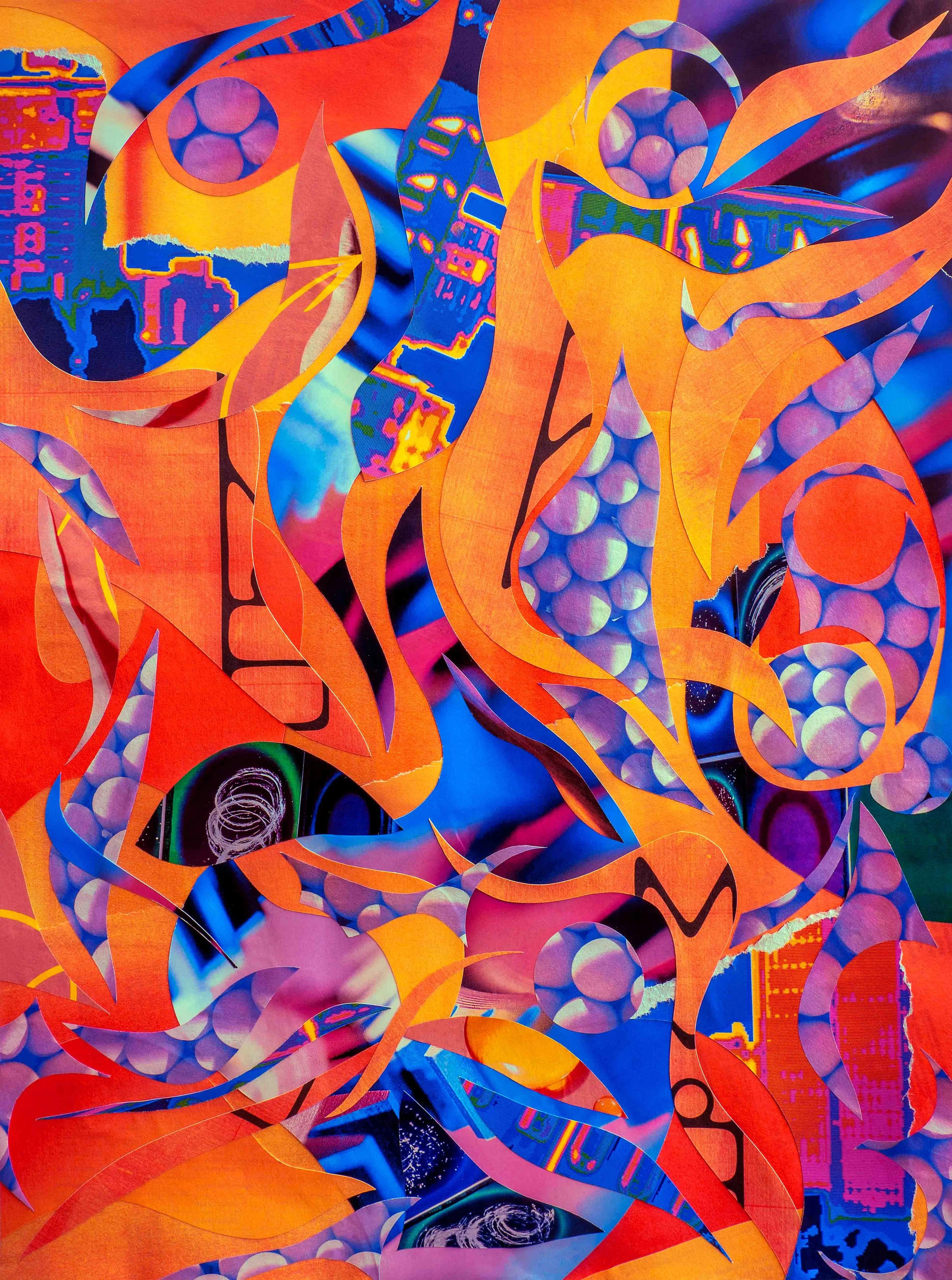 Collage contemporain "Expérience de Vie Imminente", une oeuvre ultra colorée et mouvante.