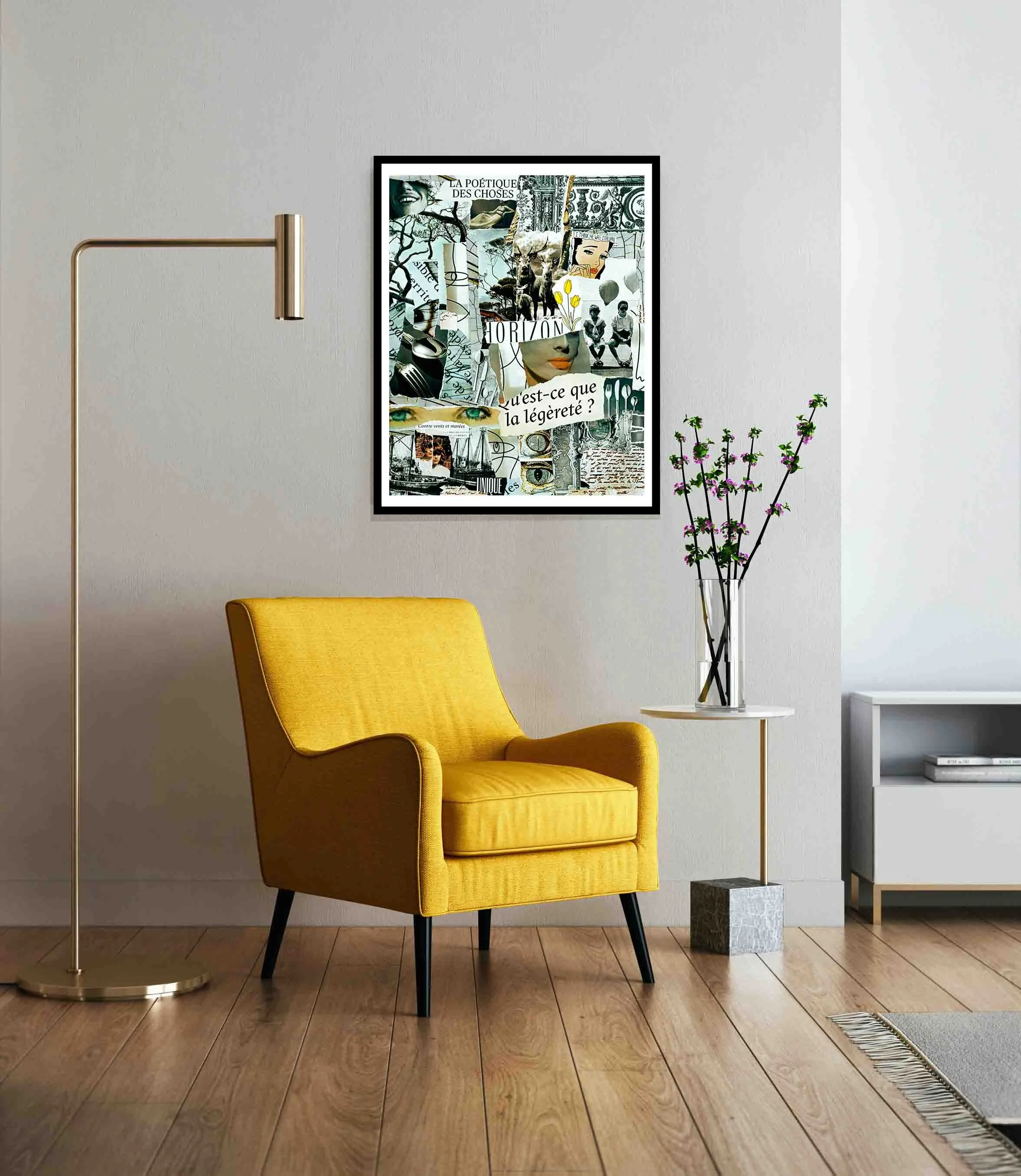 Collage contemporain "La Poétique du tout" encadré, composition douce et sensible.