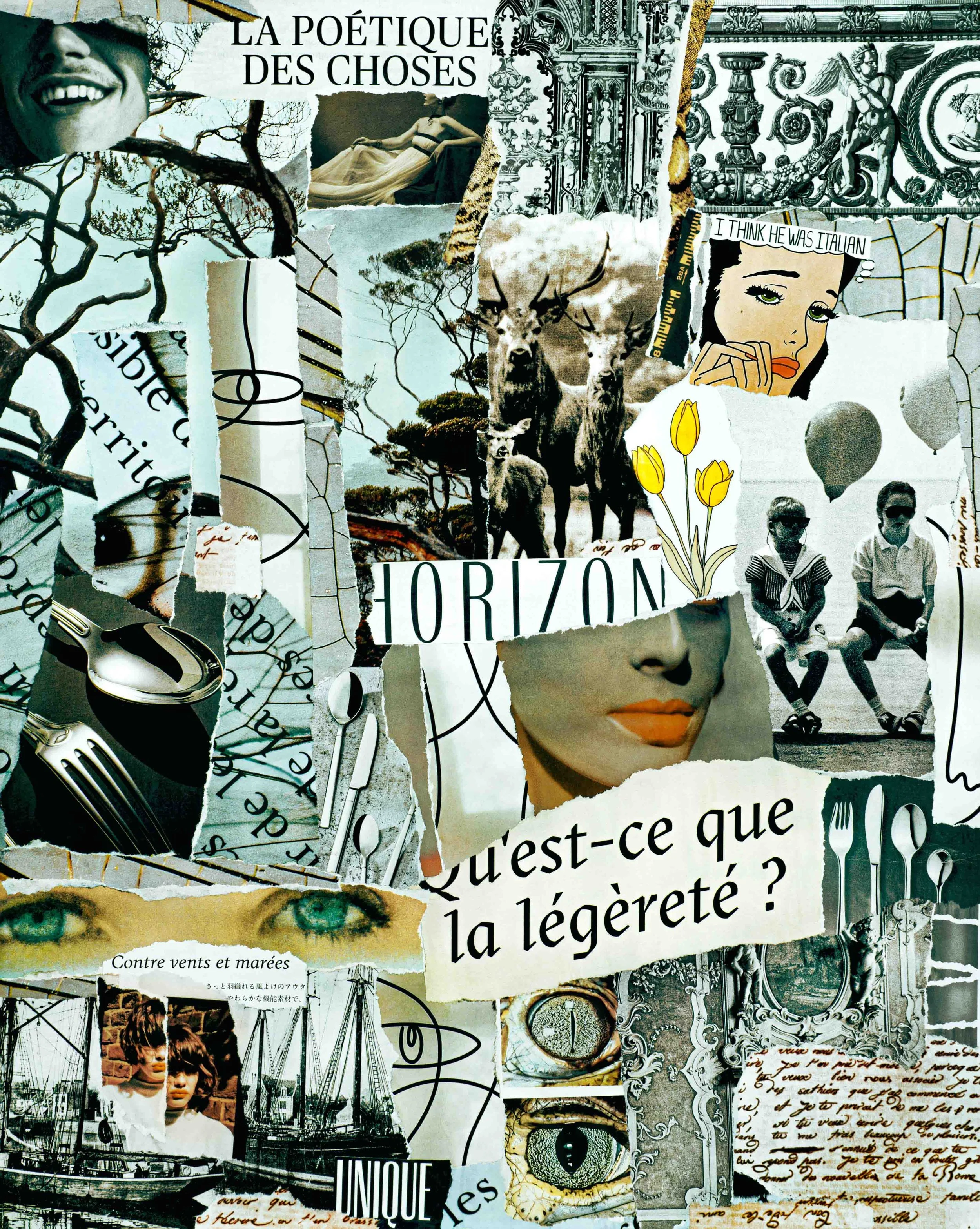 Collage contemporain "La Poétique du tout", composition douce et sensible.