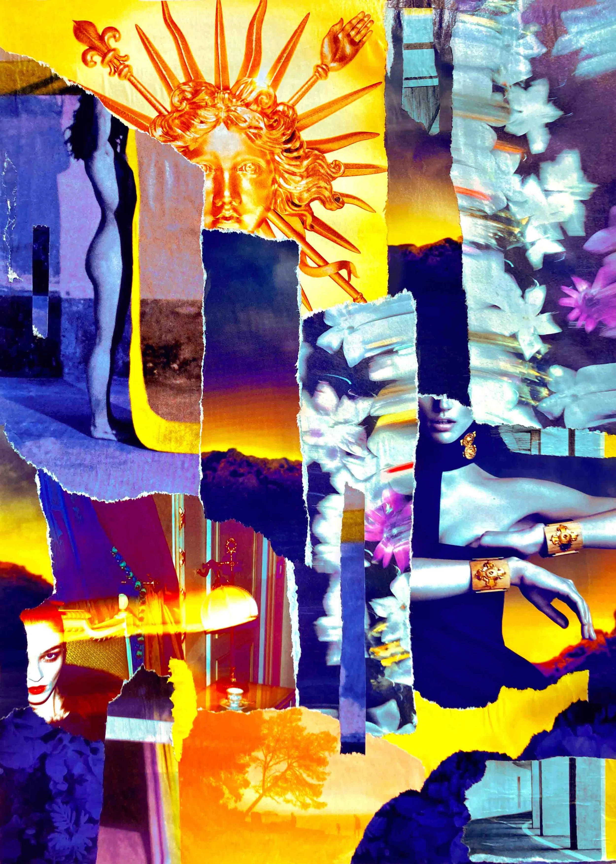 Collage contemporain "Solar Trails", composition solaire et harmonieuse.