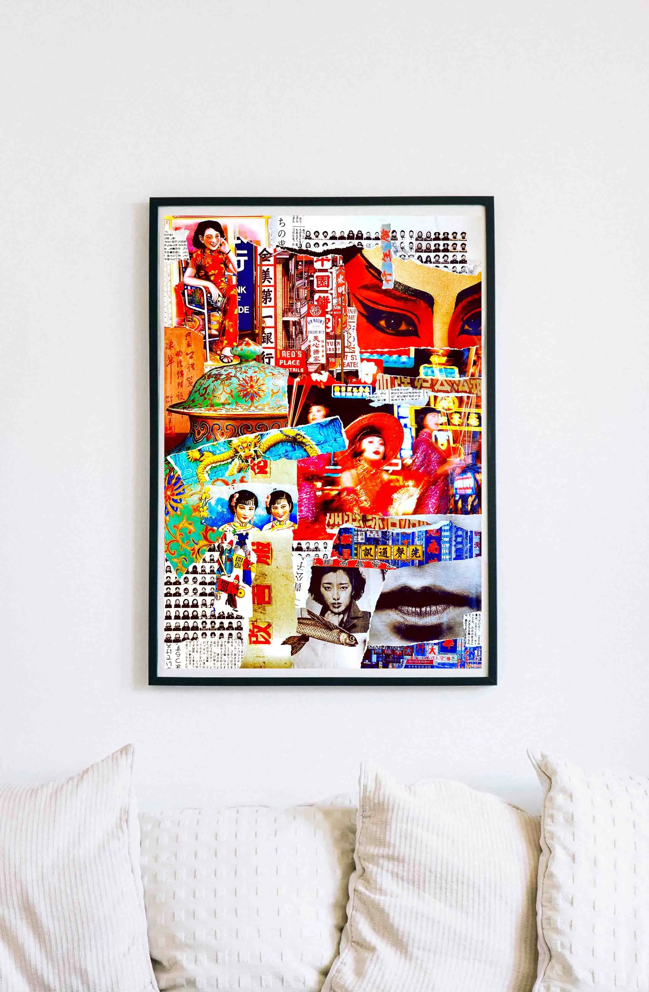 Collage contemporain "L’Éveil du Dragon" encadré, composition ultra colorée aux inspirations asiatiques.