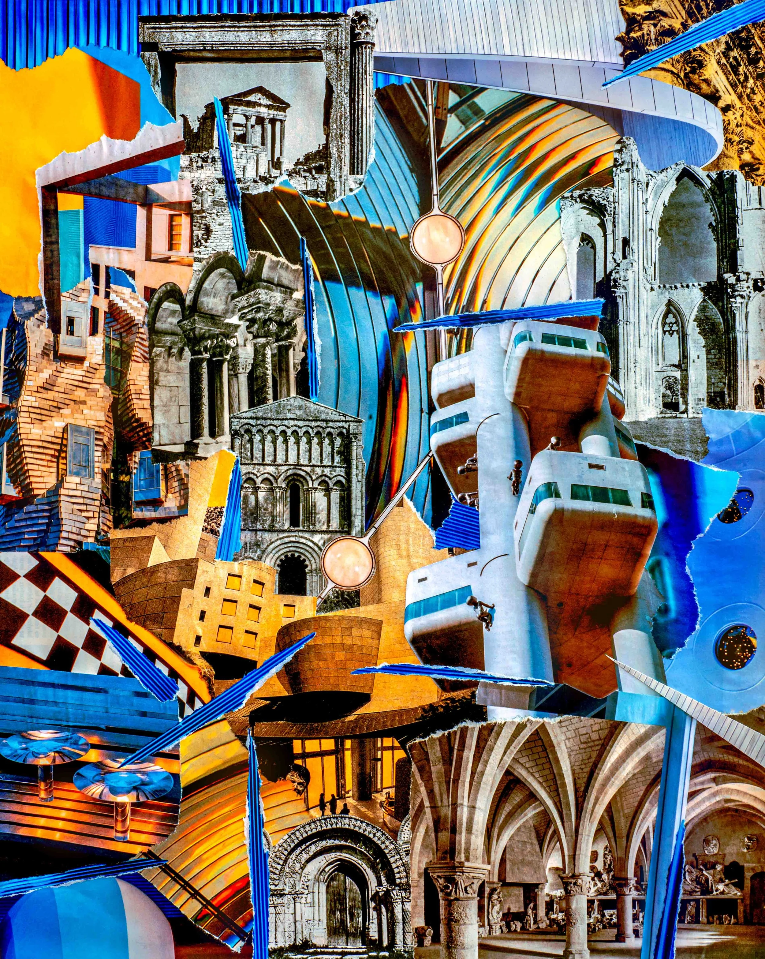Collage contemporain "Chronoscopy Architectonic", jeu de structures et de lignes mêlant ancien et contemporain.
