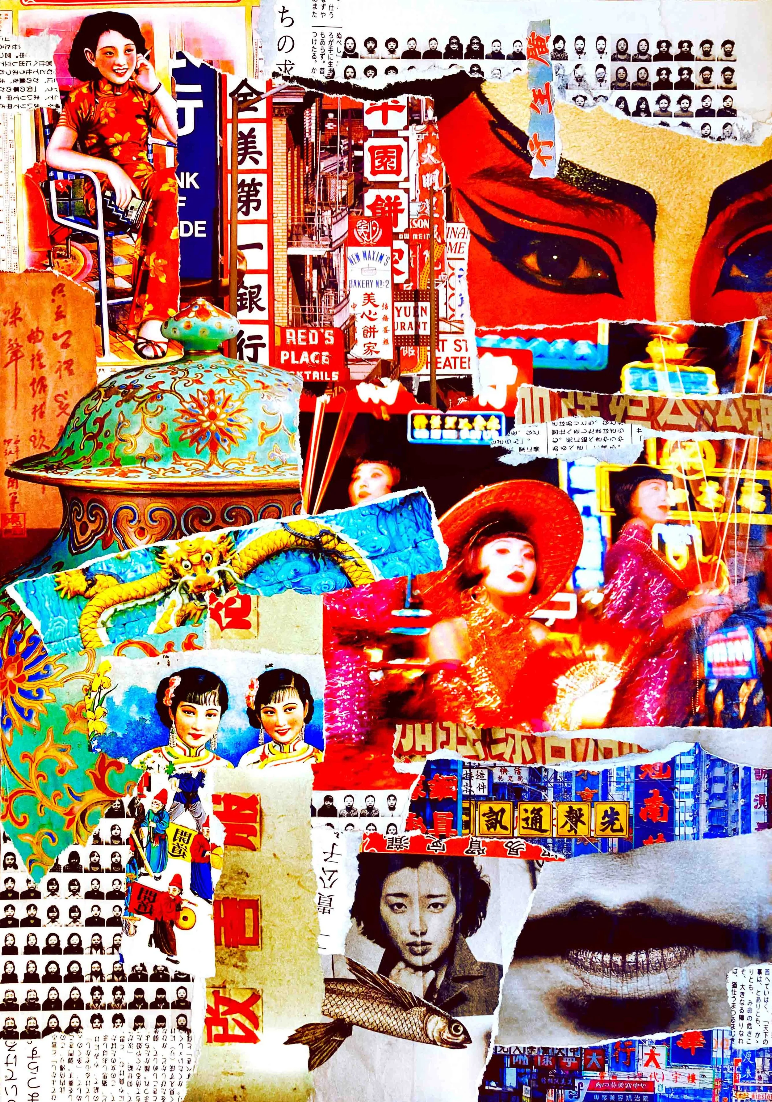 Collage contemporain "L’Éveil du Dragon", composition ultra colorée aux inspirations asiatiques.