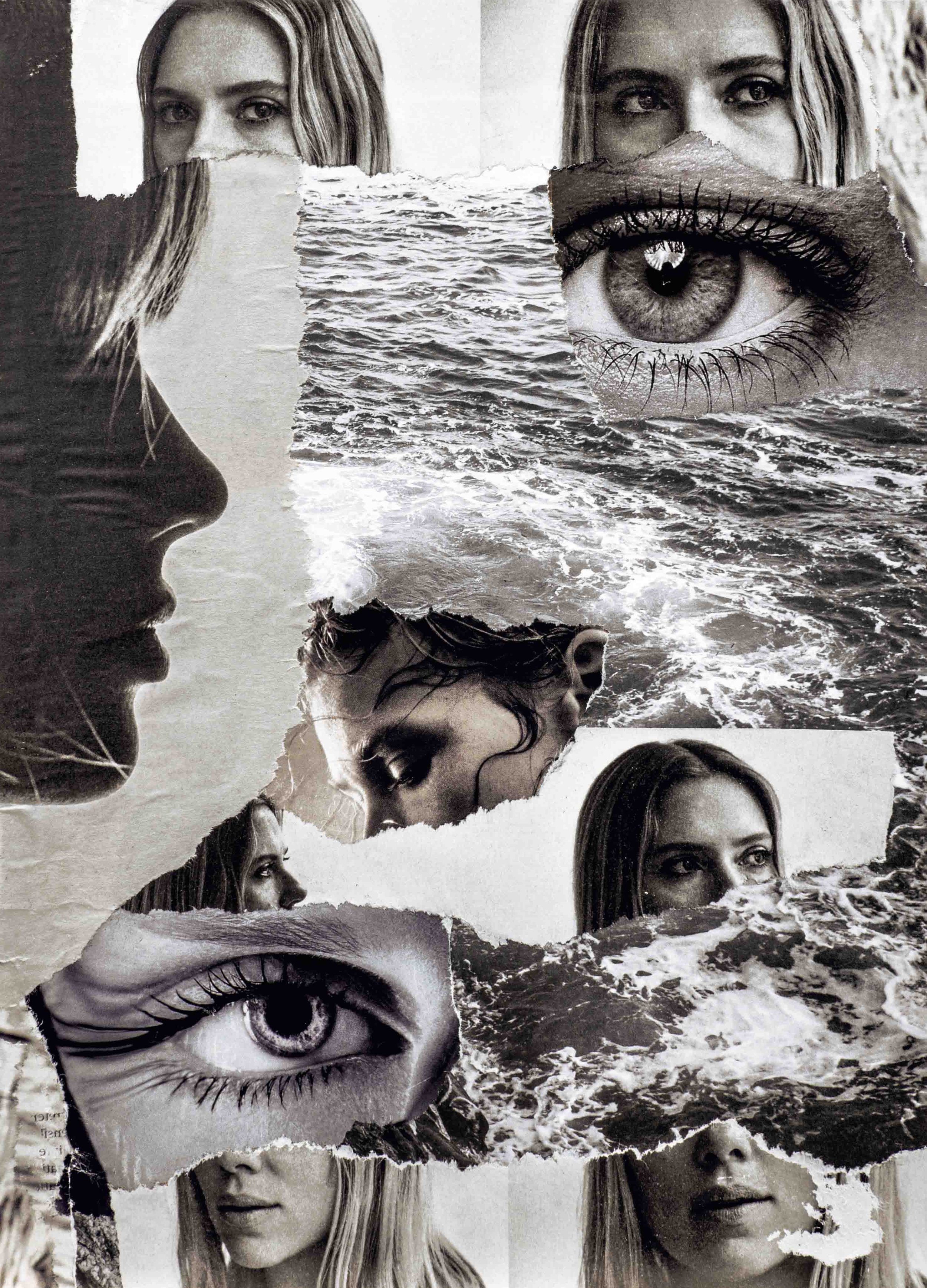 Collage contemporain "Vagues à l’âme", composition douce et mélancolique en noir et blanc.