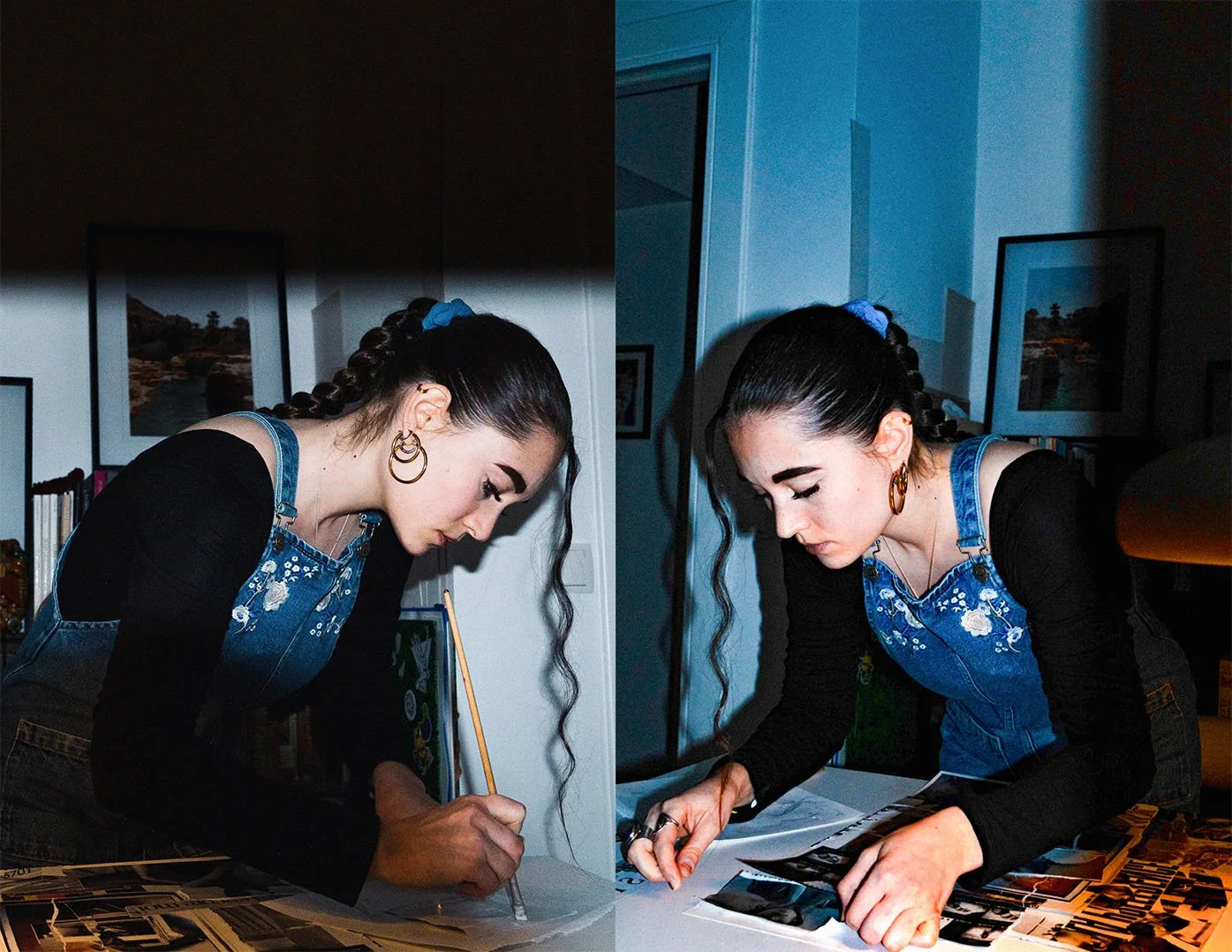 Capucine Lambrey en train de créer un collage contemporain, illustrant sa démarche artistique.