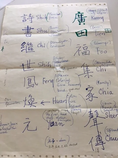 The Kwoh family on my mother's side has a list for each of their generation names. Here are the list of names of my ancestors going back 13 generations starting from the Ching Dynasty (1600's)