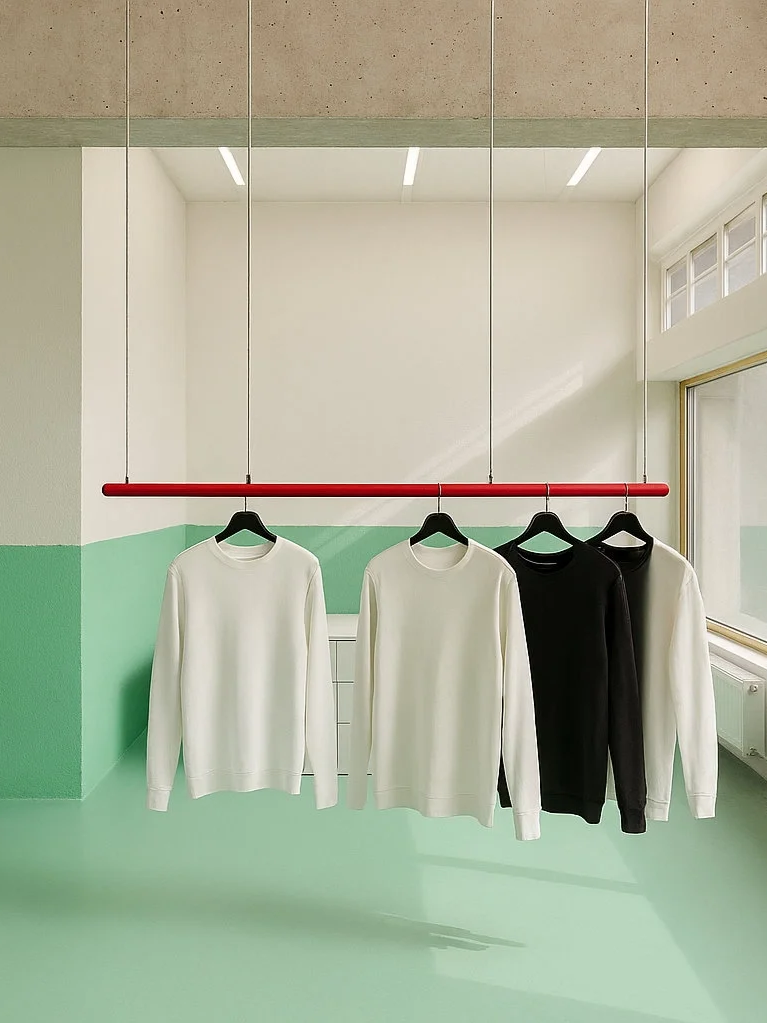 Warenpräsentation auf abgehängter, elliptischer Kleiderstange.