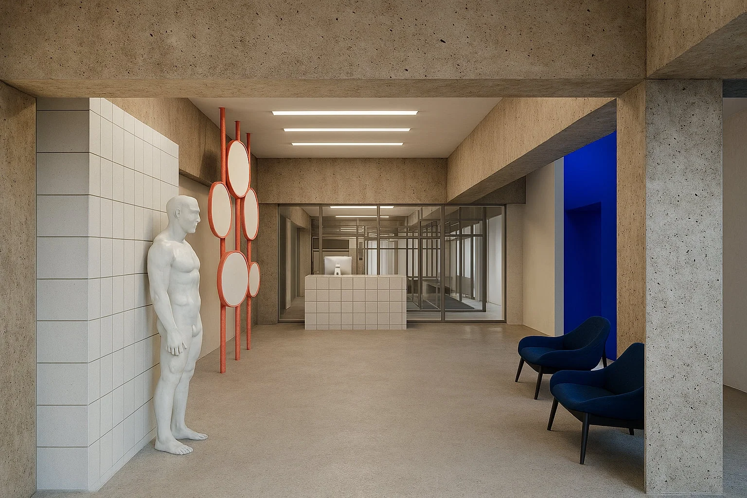 Showroom aus einfachsten Baumaterialien, Umkleidekabine in leuchtendem Blau hervorgehoben.