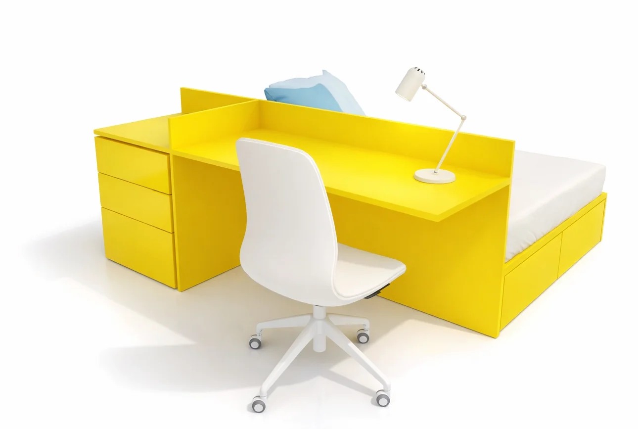 3D-Visualsierung des Schreibtischentwurfs in leuchtendem Gelb.