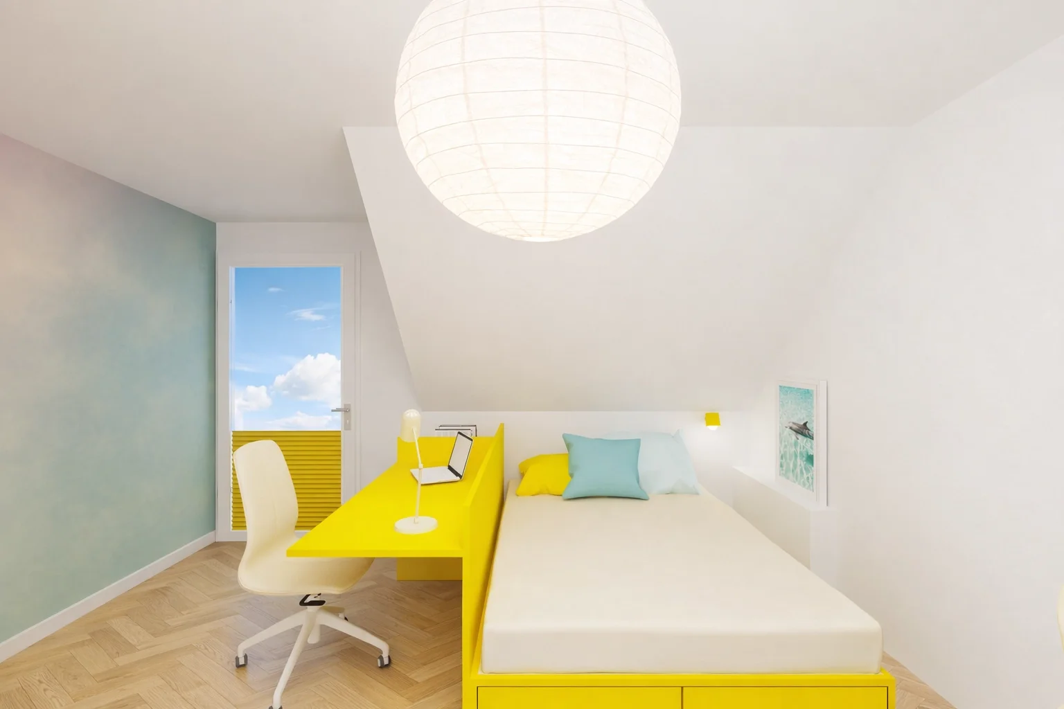 3D-Visualisierung des neuen Bett- und Schreibtischmöbels in leuchtendem Gelb.