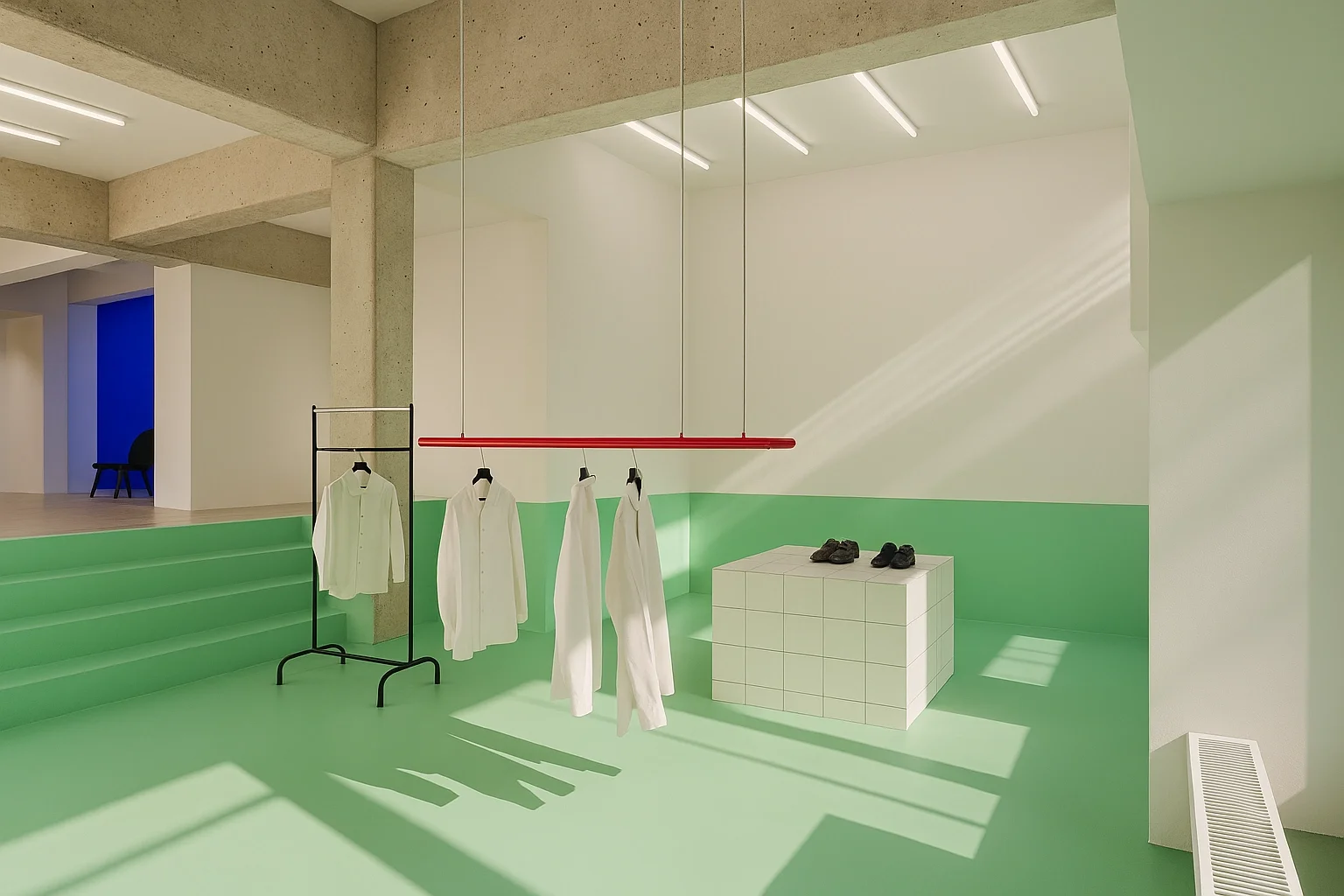 Boden und Wand in hellem Grün, als Referenz zu einem Pool.