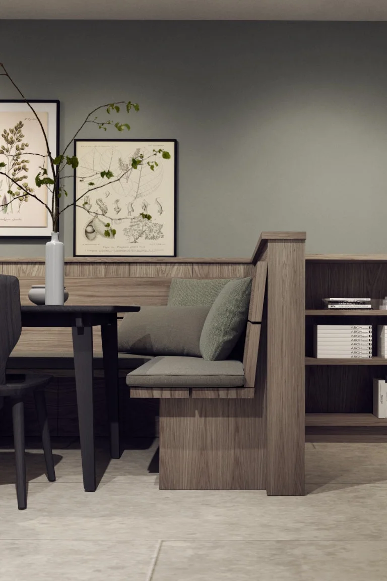 Raumgestaltung einer gemütlichen Ferienwohnung im Harz mit moderner Holzsitzbank und salbeifarbenen Wänden