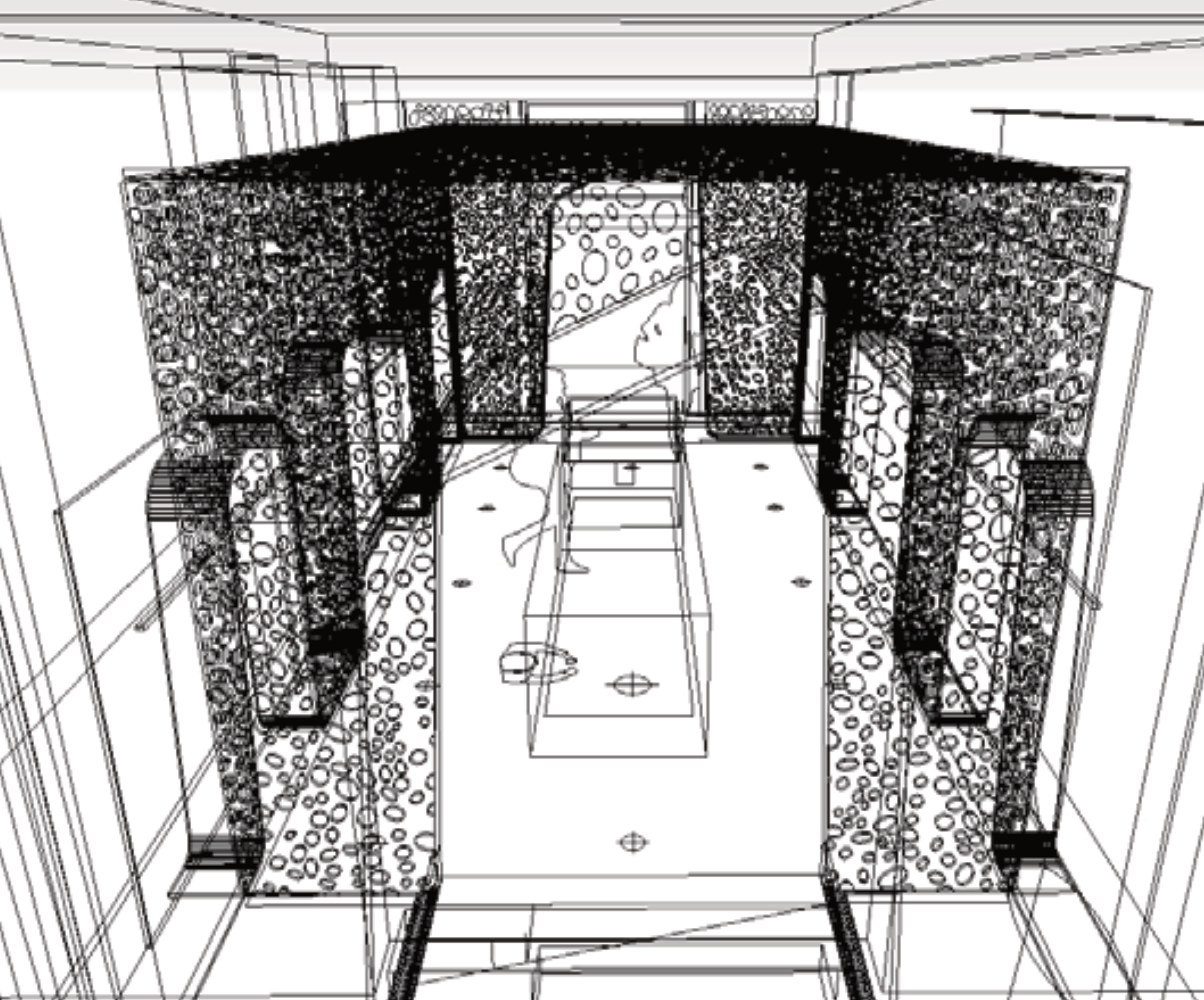 3D-Drahtgitter-Modell des Gestaltungskonzepts, Raum-in-Raum-Lösung.