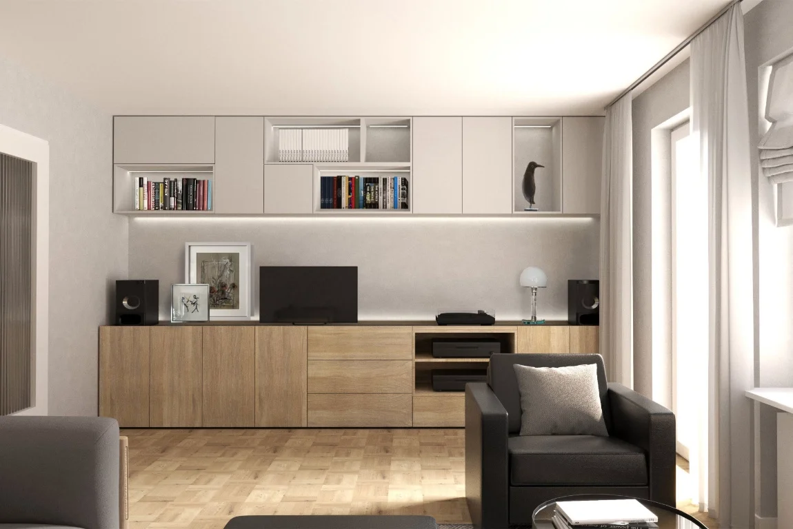 Entwurfsoption 2 – Sideboard und zusätzlicher Stauraum durch offene und geschlossene Wandschränke