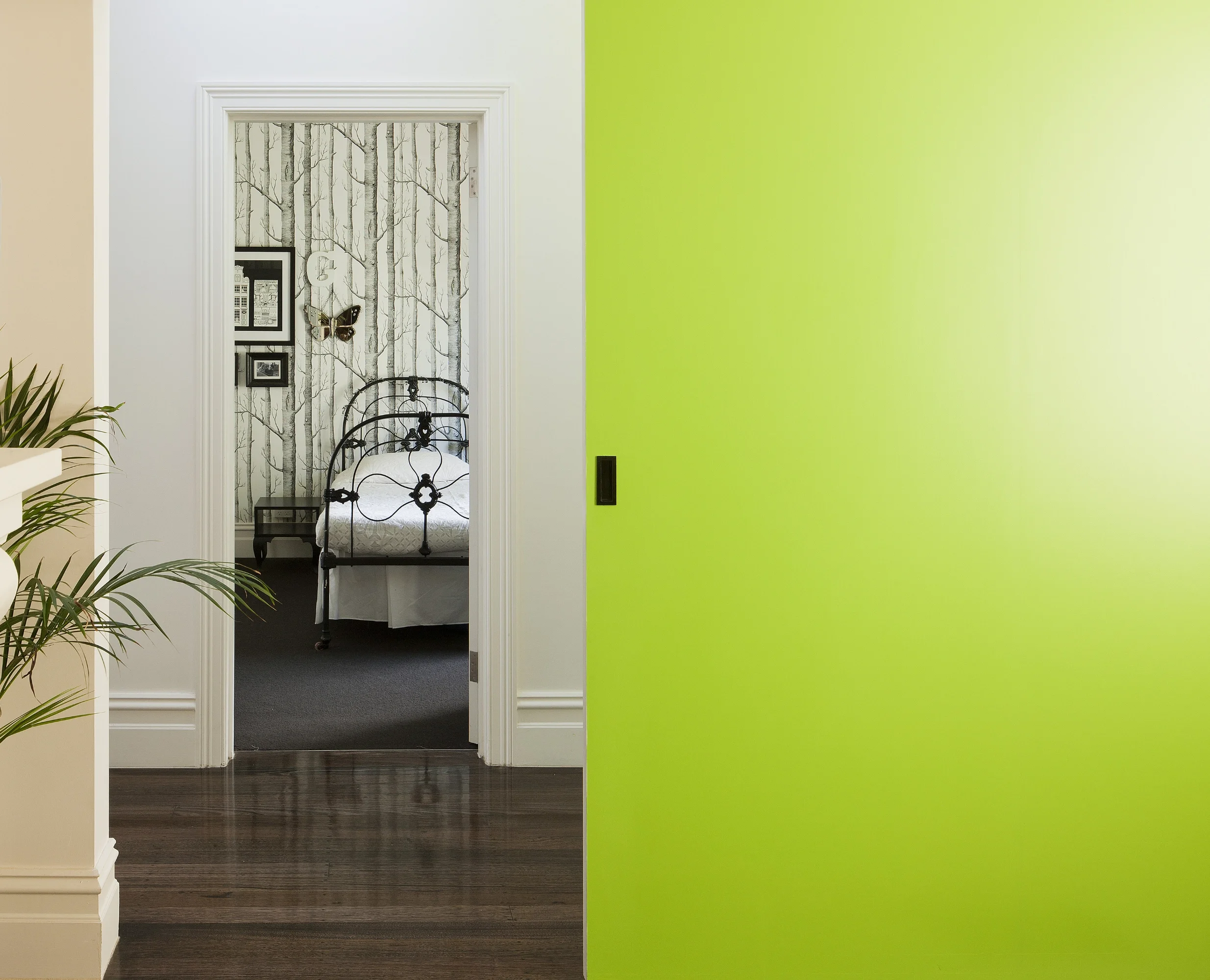 Altbausanierung unter der Verwendung von traditionellen Architekturelementen, gebrochen durch die leuchtende Akzentfarbe Grün