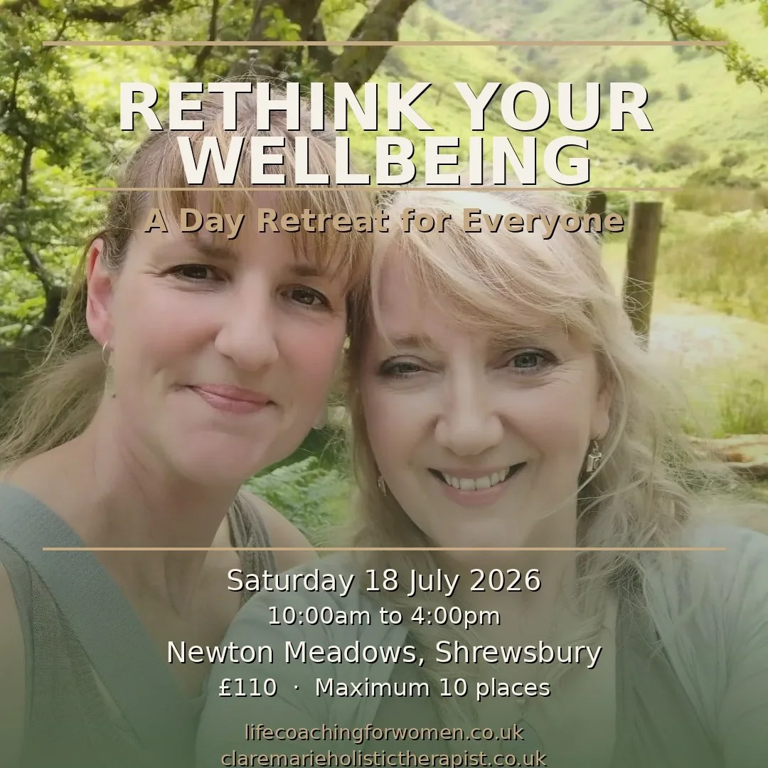 A promotional flyer for a wellness retreat featuring two smiling women outdoors in a green, wooded area.