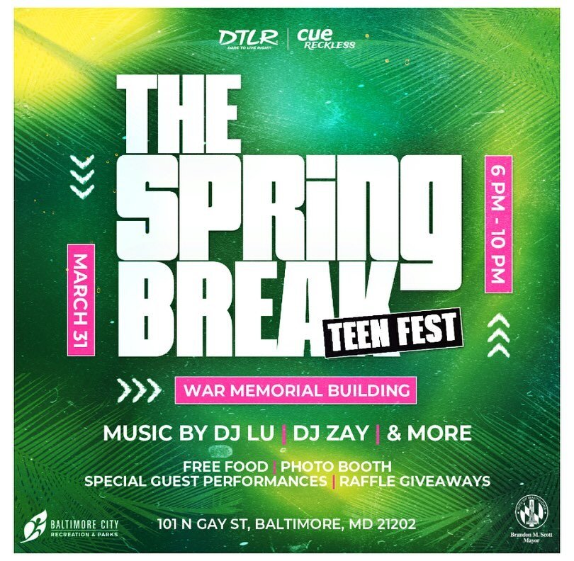 TEENS ONLY!! ‼️‼️‼️ 

Looking for something to do this spring break?? @mayorbmscott has you covered 👏🏽

Tell a friend to tell a friend about the 
SPRING BREAK TEEN FEST 🔥🔥🔥🔥🚀🚀🚀🚀

Come party with @cuereckless 
Follow @recnparks + @dtlrlifest