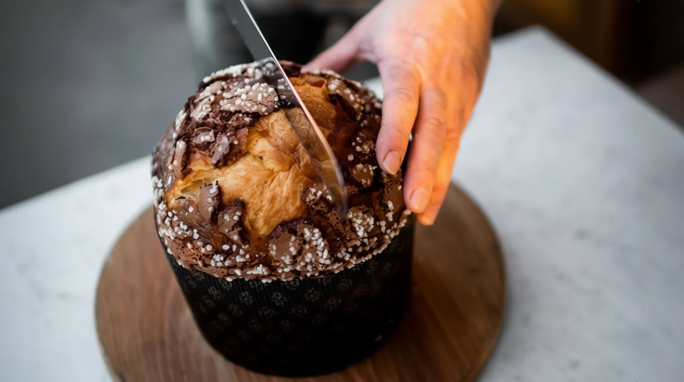 Freshly baked panettone being sliced by hand at Bianca bakery in Culver City, showing a rustic crust and interior crumb.
