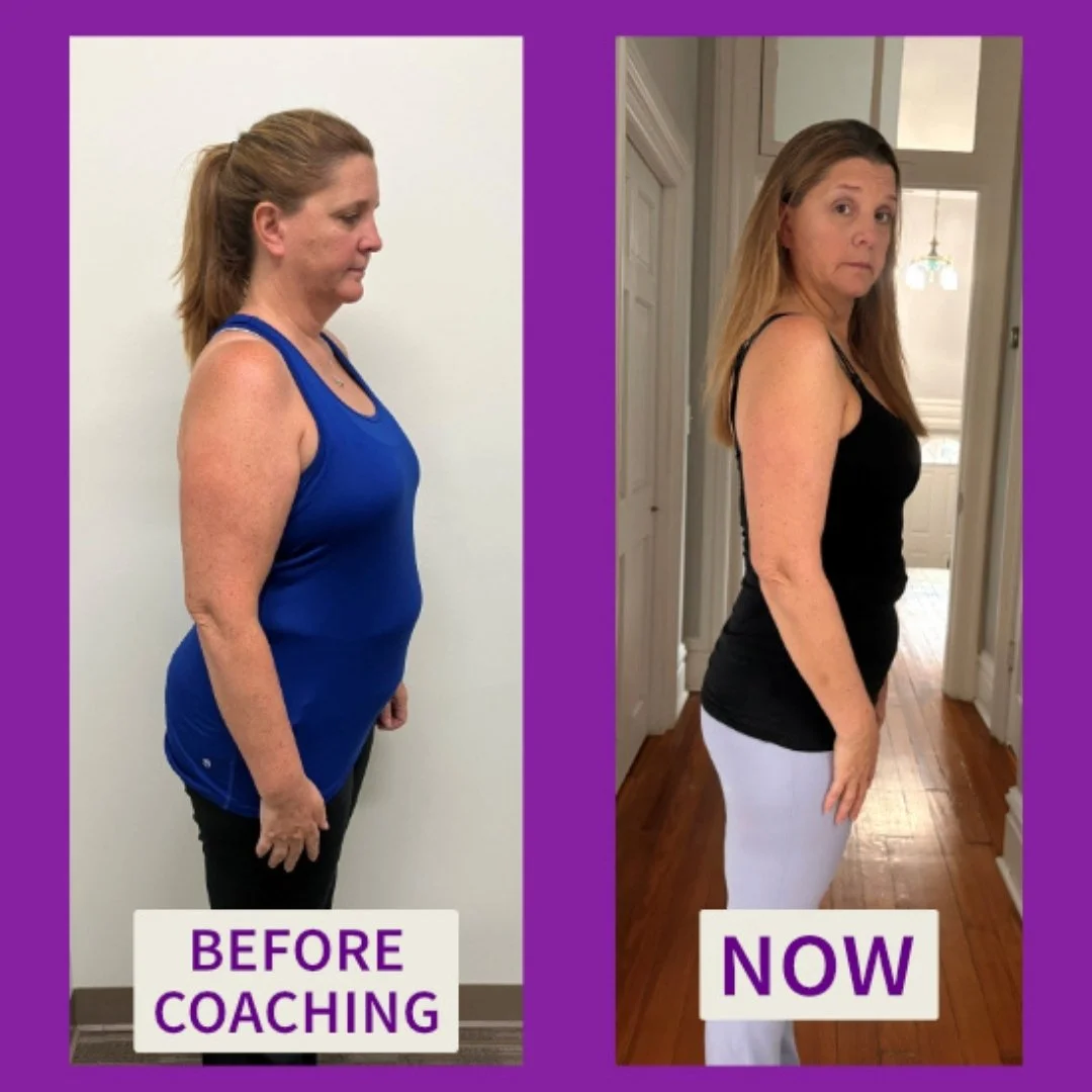 Katie before whole health coaching and after weightloss