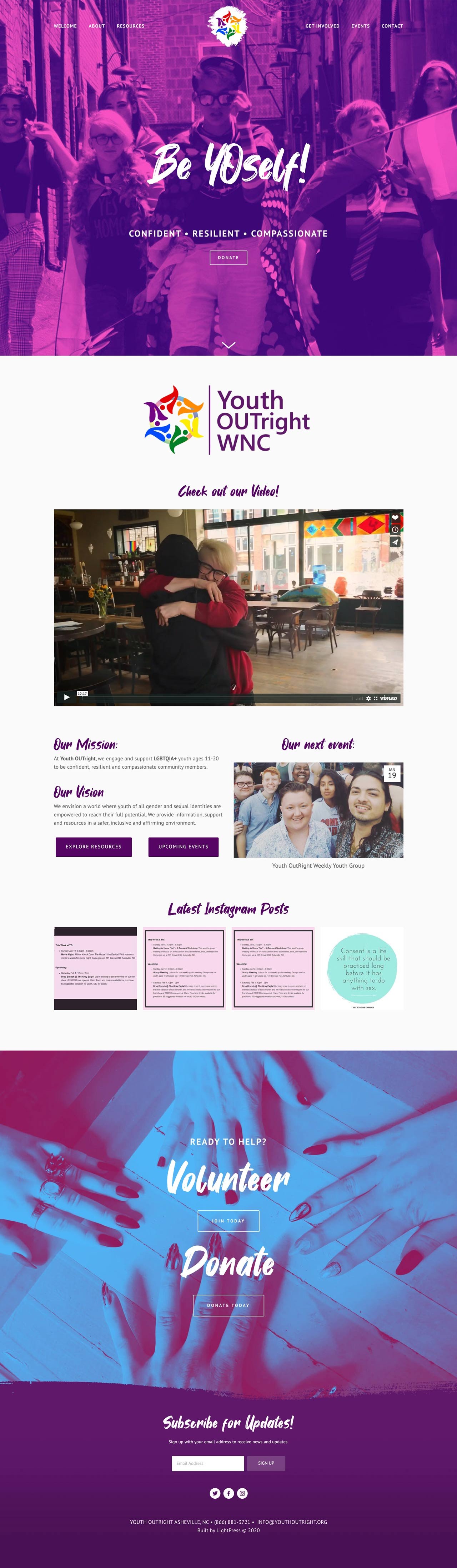 Colorful pink and purple Squarespace web page example for LGBTQ youth nonprofit
