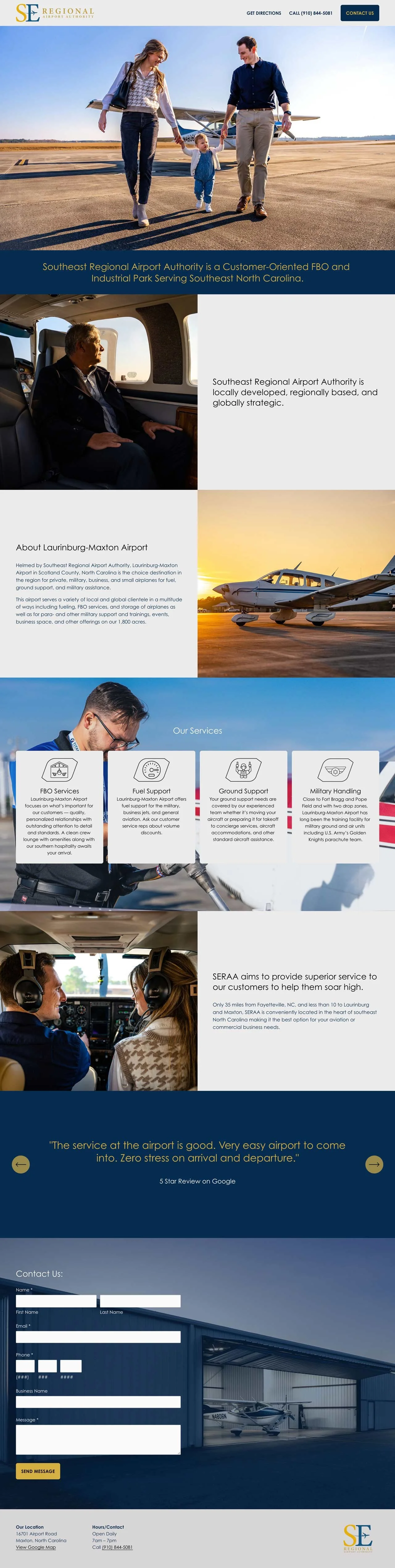 Blue and Yellow Squarespace Website Design for Airport FBO Company