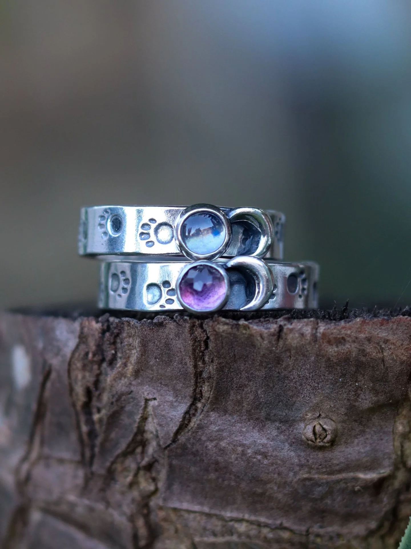 A couple of the Sweet Trail rings I&rsquo;ve made lately - the little paw prints over the silver ring band  remind me of Bettys dancing over the sand, or the wet ones in the kitchen when she comes in from the rain (even though I&rsquo;m waiting with 
