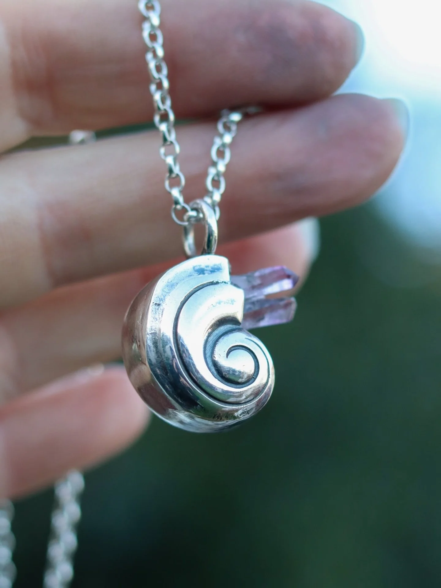 One of my favourite pieces (actually two of them) of 2025 A silver spiral, a tide caught mid-turn.
This handcrafted sterling silver spiral necklace with delicate Vera Cruz quartz points, prized for their high vibration and clarity. A talisman of gent