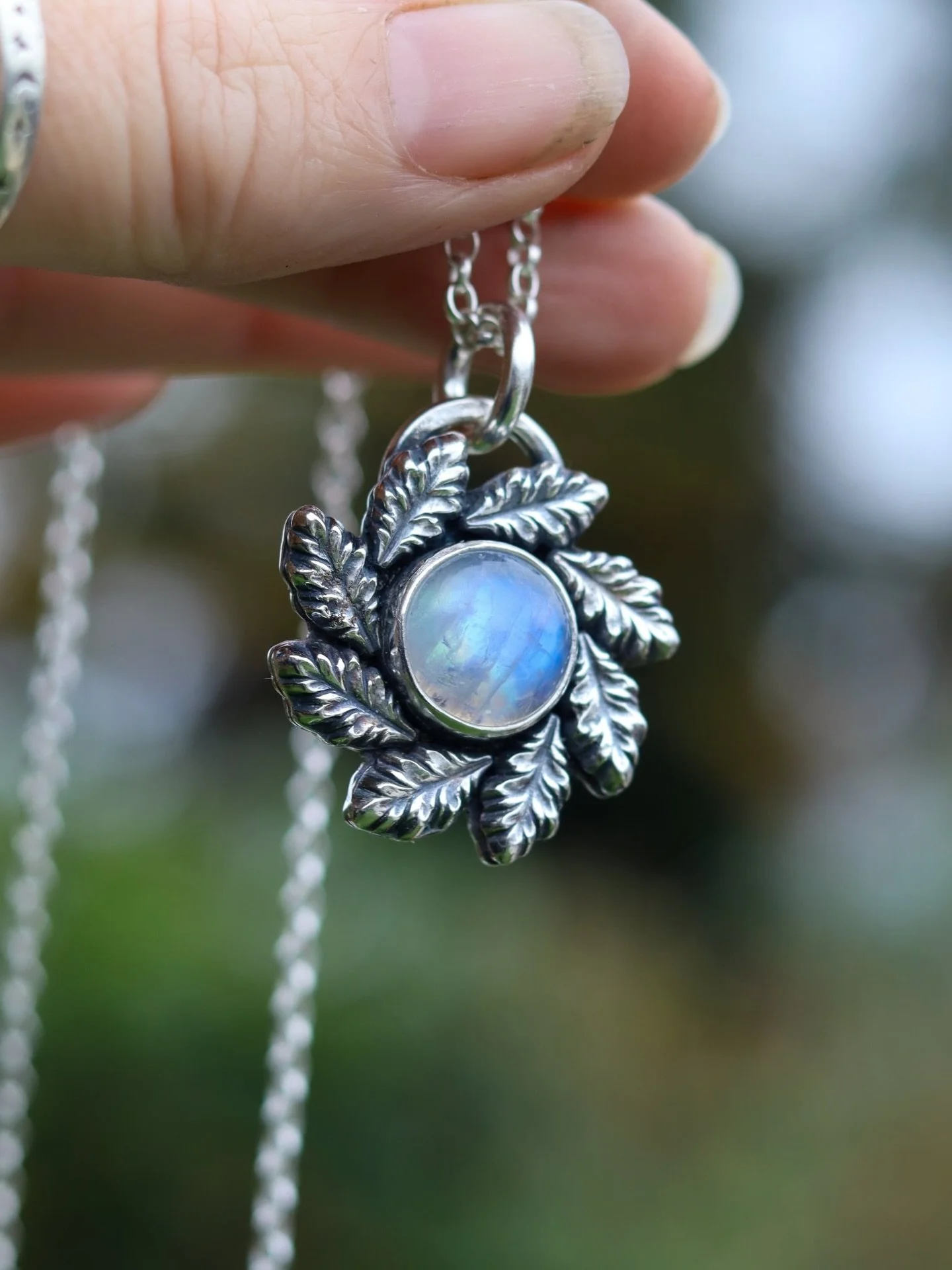 The final one of the Trio

Moonstone wrapped in silver oak leaves ✨
This one-of-a-kind moonstone pendant glows with soft lunar light, a talisman for intuition, cycles, and quiet inner power.
A little piece of moonlight to carry with you wherever you 