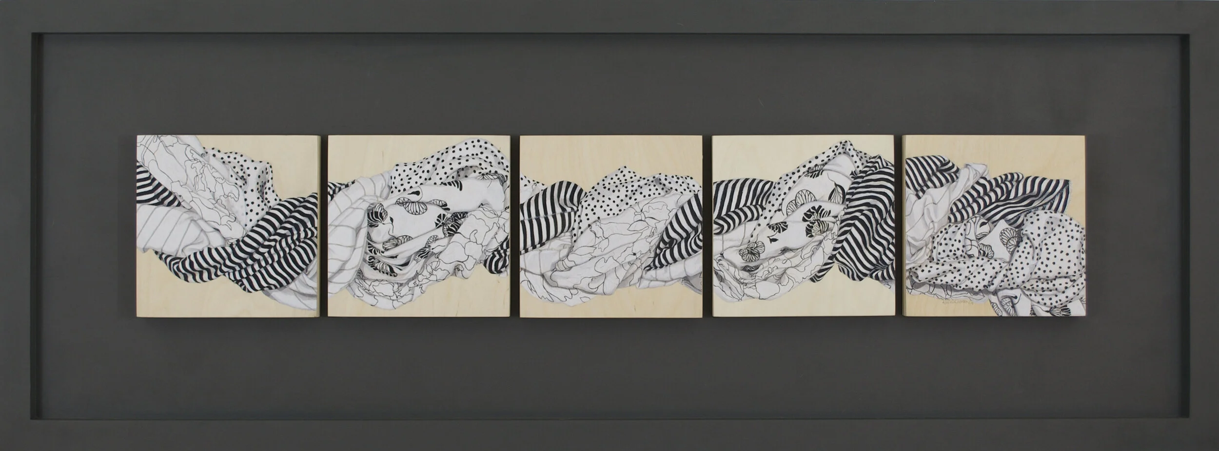 Intertwined, coloured pencil on wood, 20x54 inches, 2018.