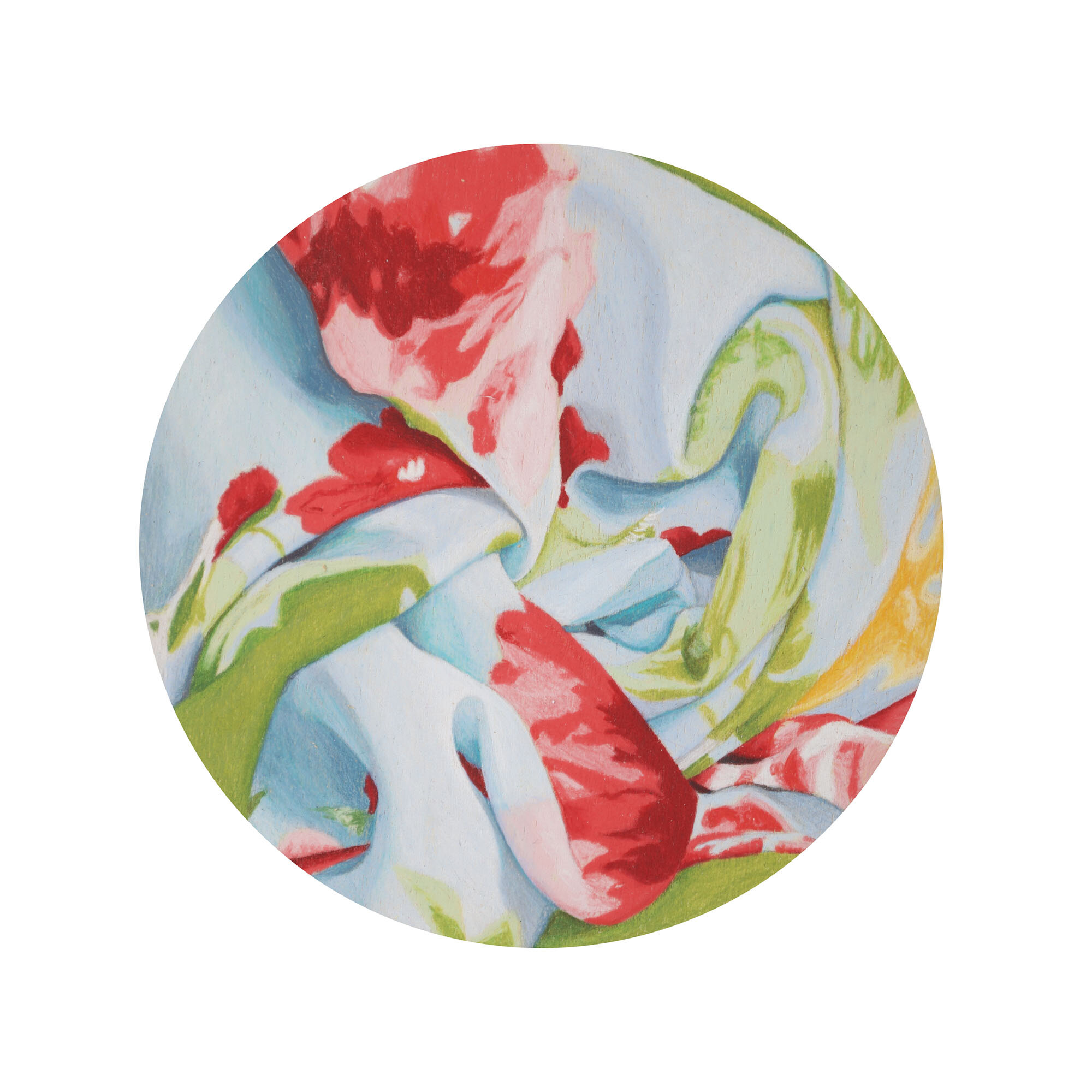 Floral Tondo #1, coloured pencil on wood, 6 inches diameter, 2020.