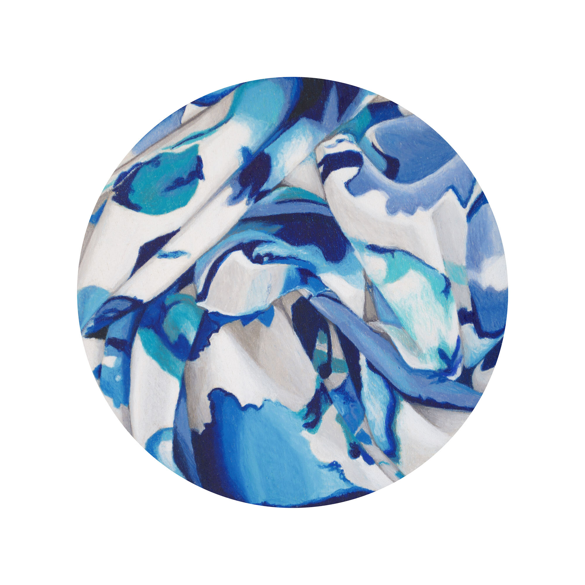 Blue Floral Tondo #1, coloured pencil on wood, 6 inches diameter, 2020.