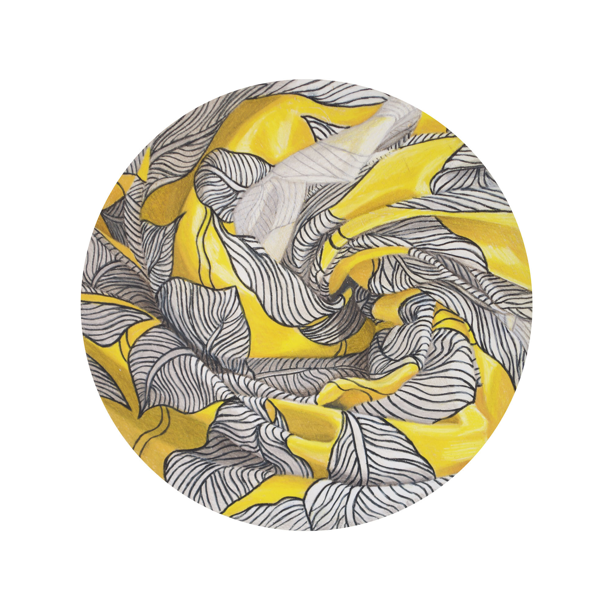 Yellow Tondo #1, coloured pencil on wood, 6 inches diameter, 2020.