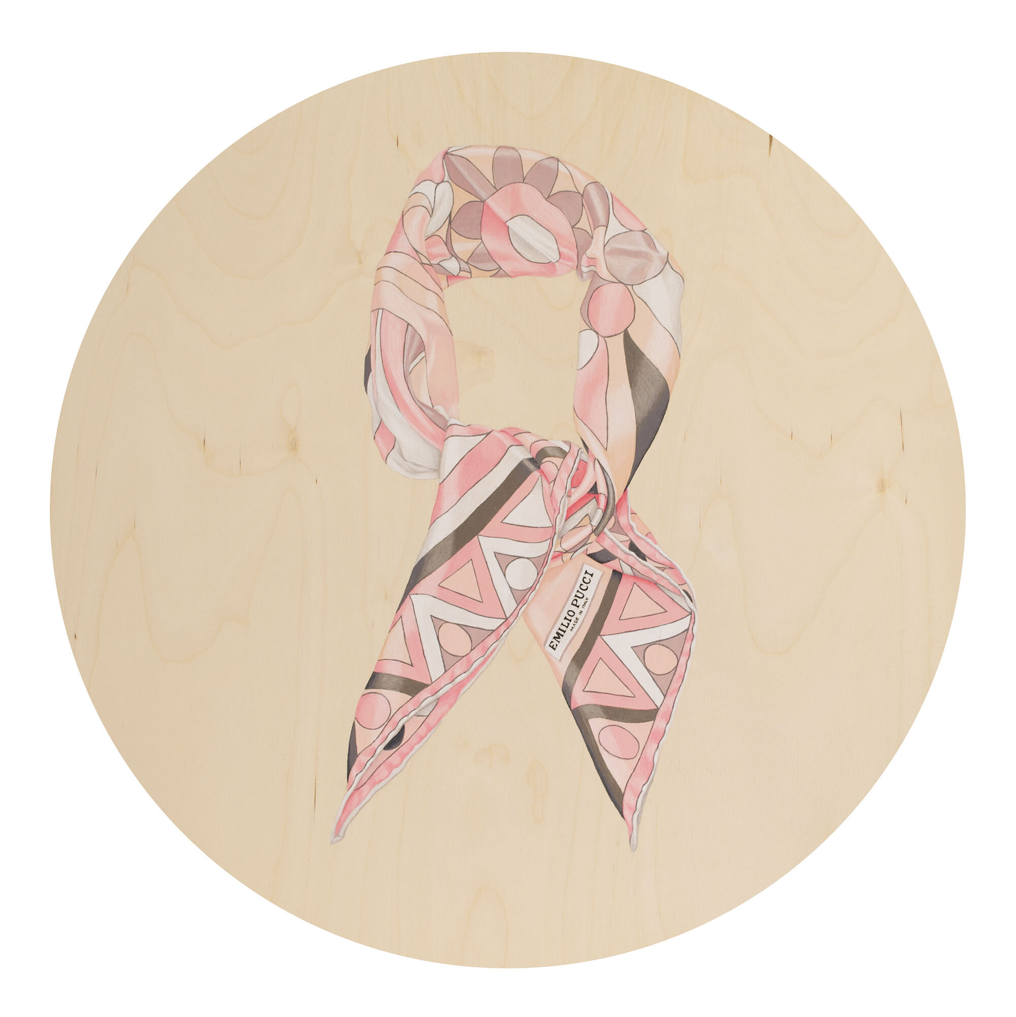 Emilio Pucci Scarf, coloured pencil on wood, 24 inches diameter, 2020.
